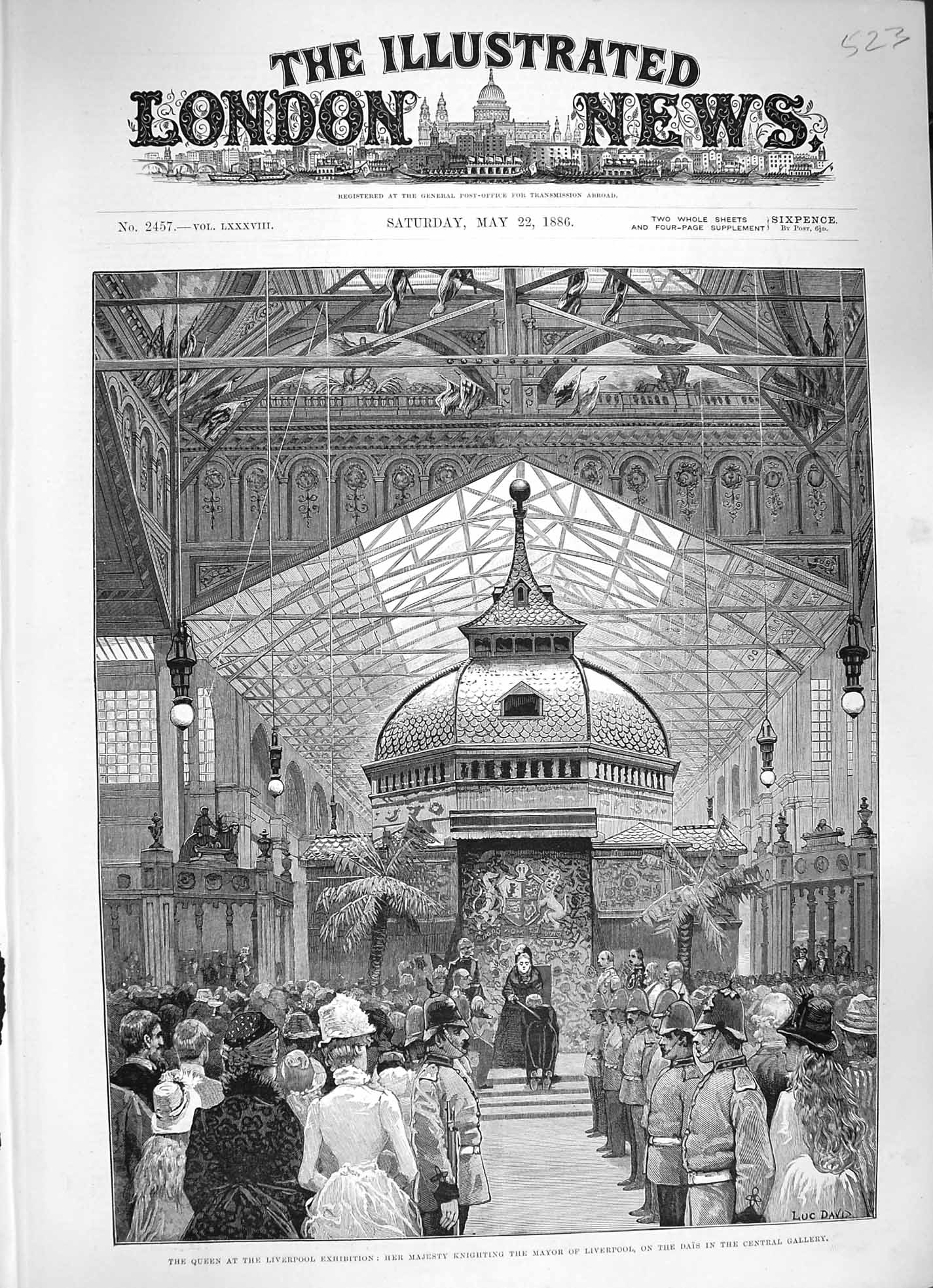 Original Old Antique Print 1886 Queen Liverpool Exhibition Dais Central Gallery
