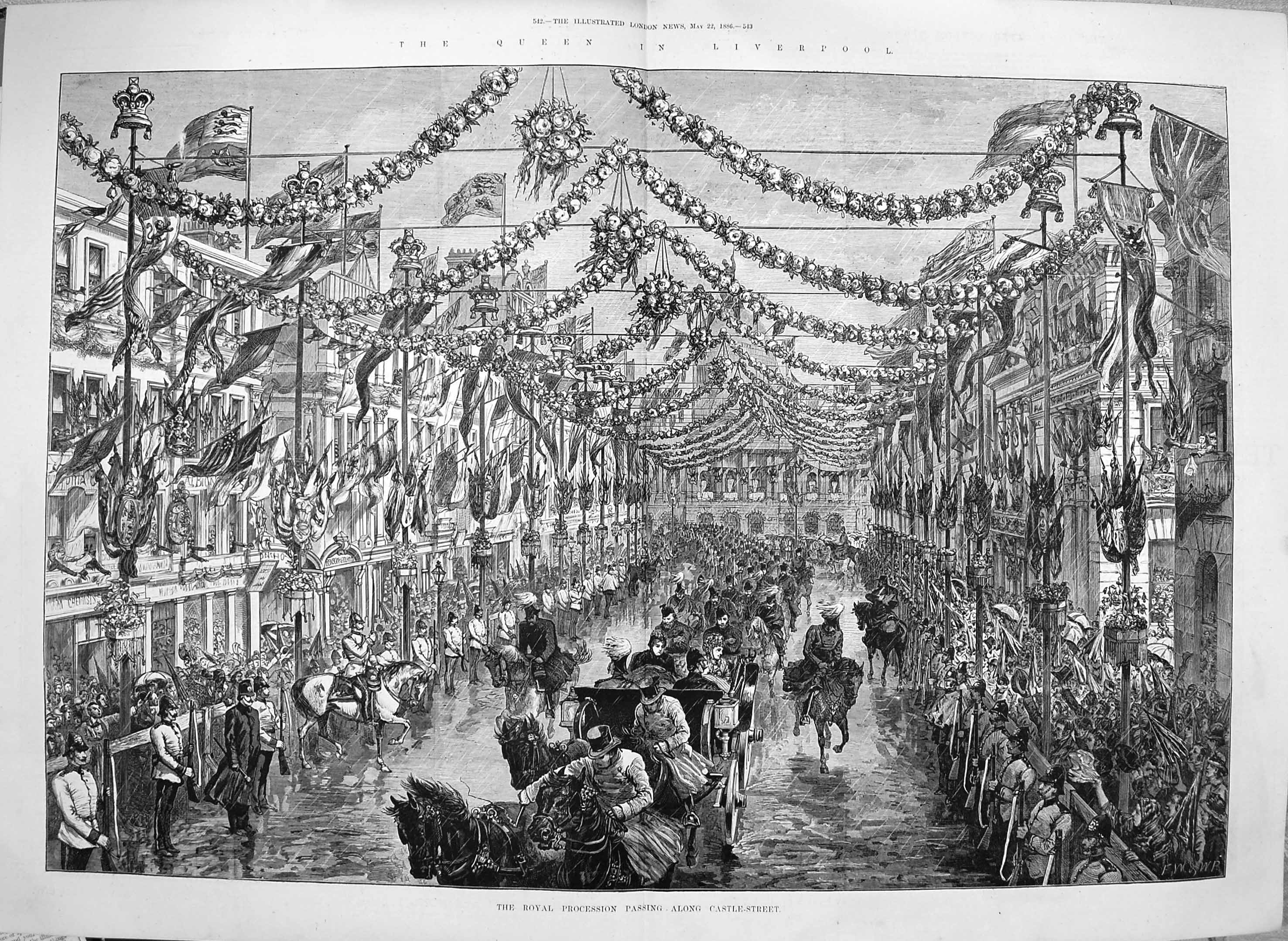 Original Old Antique Print 1886 Royal Procession Queen Castle Street London
