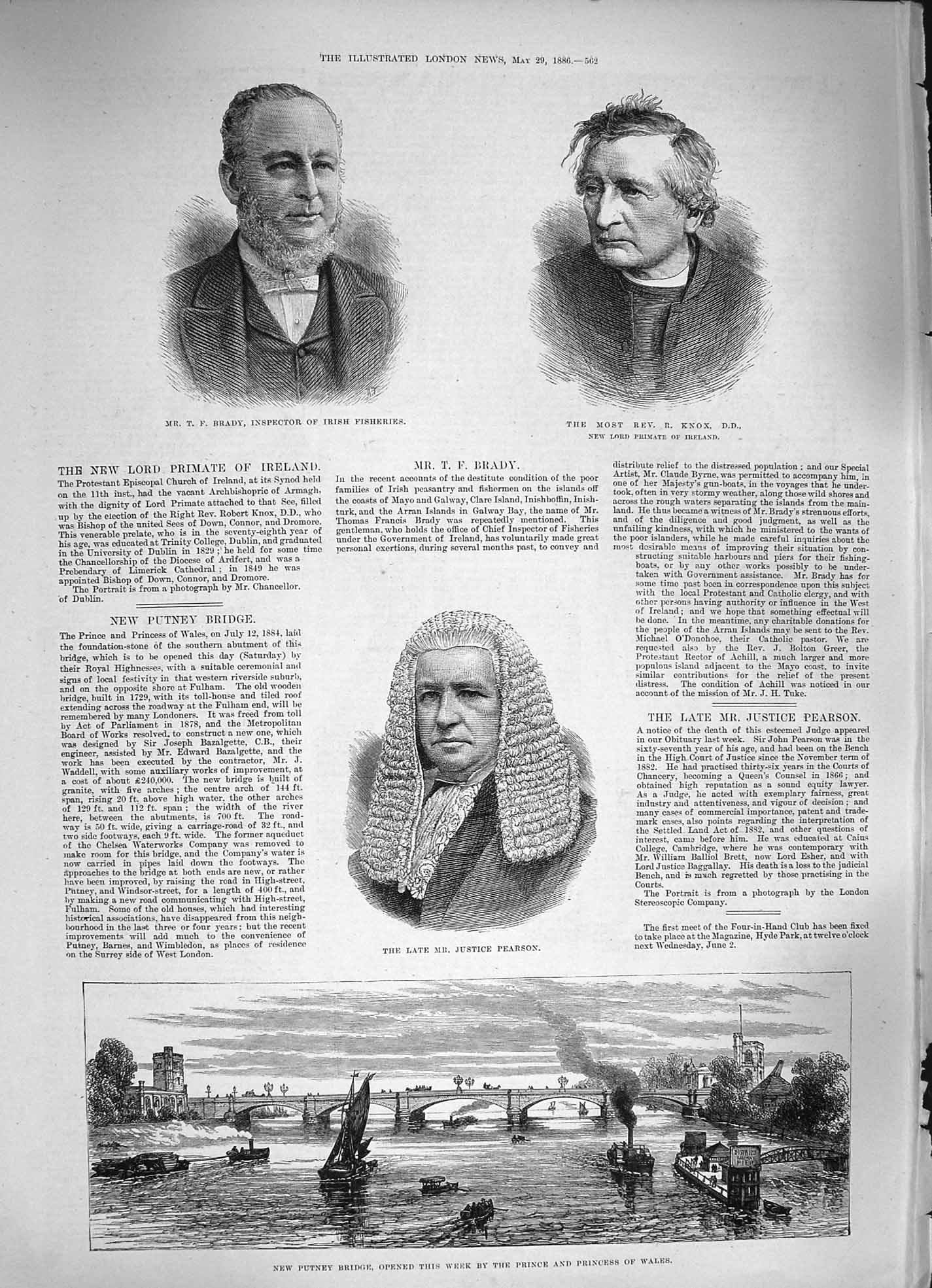 Old Antique Print 1886 Putney Bridge Prince Wales Pearson Brady Rev. Knox 19th