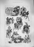 Original Old Antique Print 1886 Derby Day Horse Racing Carriage Sport People