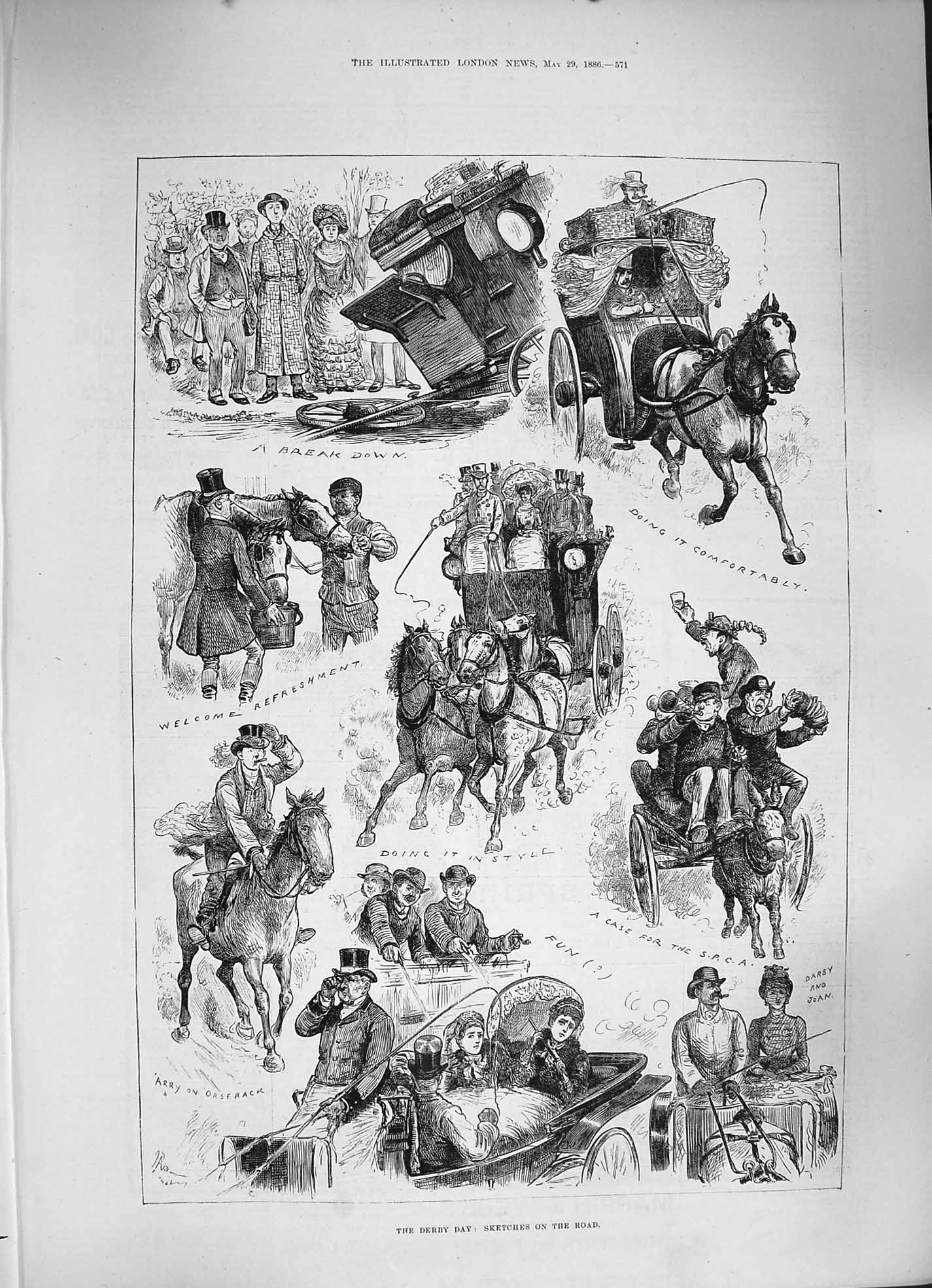 Original Old Antique Print 1886 Derby Day Horse Racing Carriage Sport People