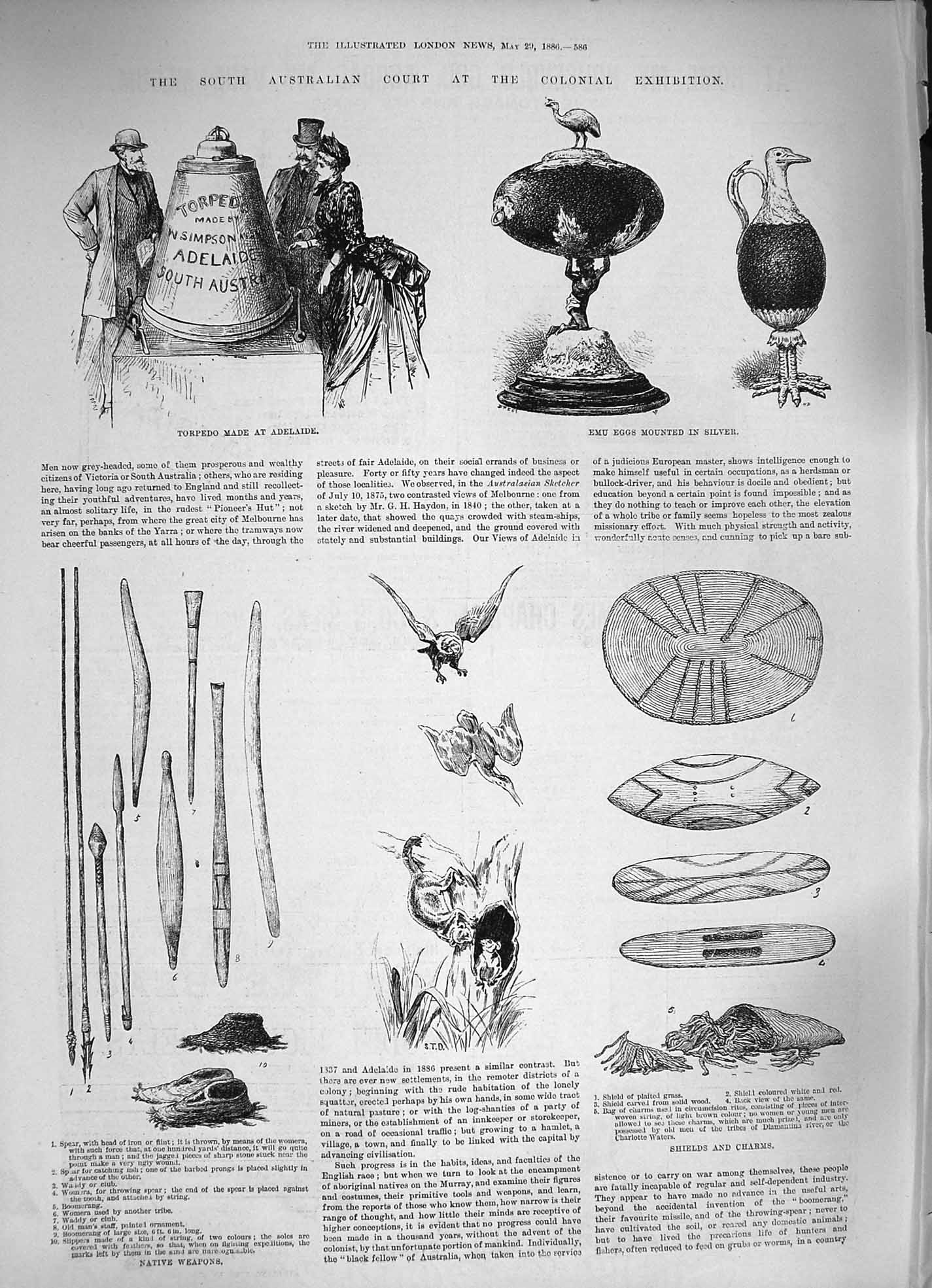 Old Antique Print 1886 Australia Colonial Exhibition Torpedo Weapons Emu 19th
