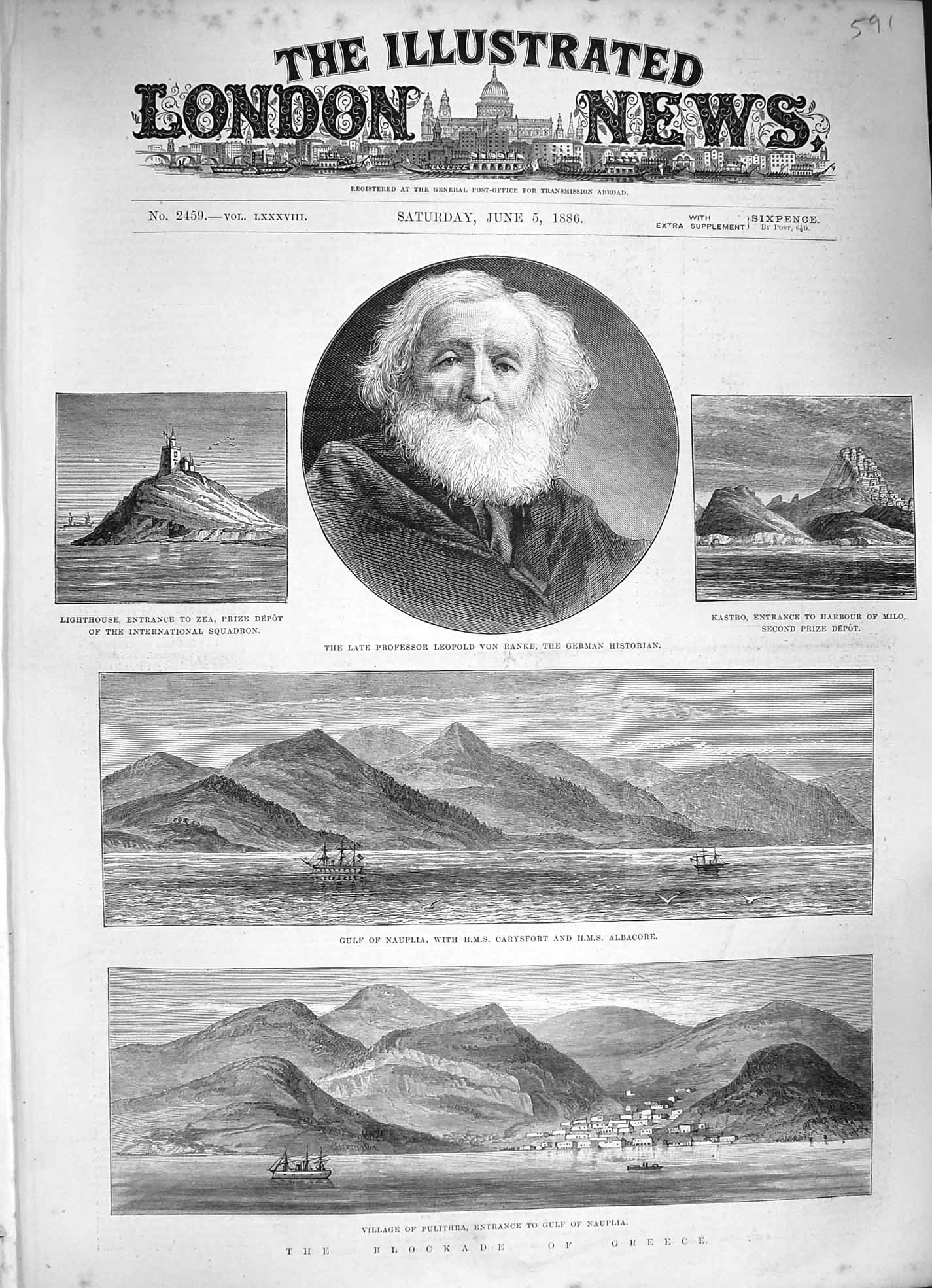 Original Old Antique Print 1886 Greece Pulithra Ship Albacore Nauplia Von Ranke