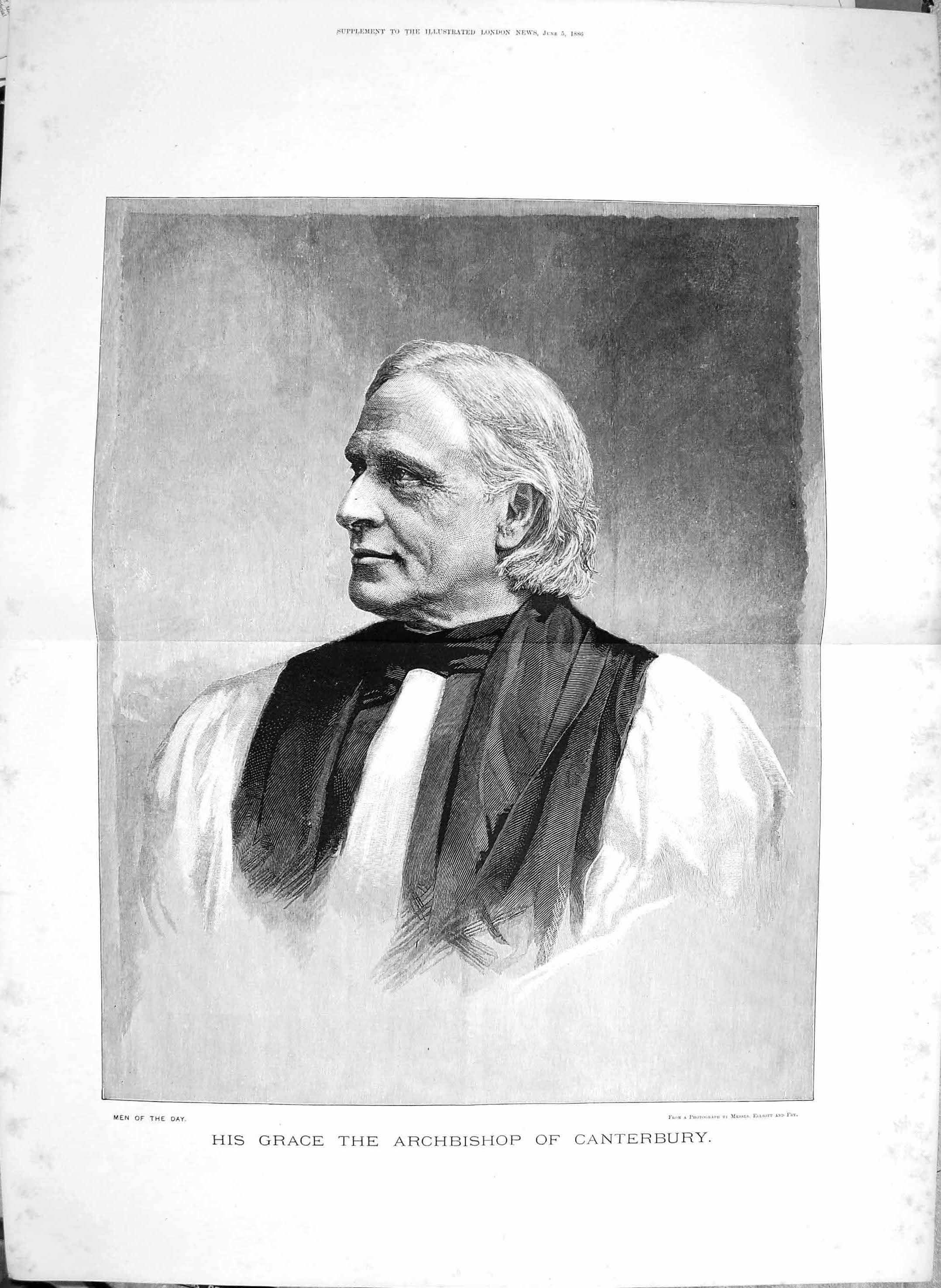 Original Old Antique Print 1886 Portrait His Grace Archbishop Canterbury 19th