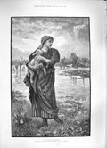 Original Old Antique Print 1886 Faithfull Shepherdess Young Woman Lamb Fine Art