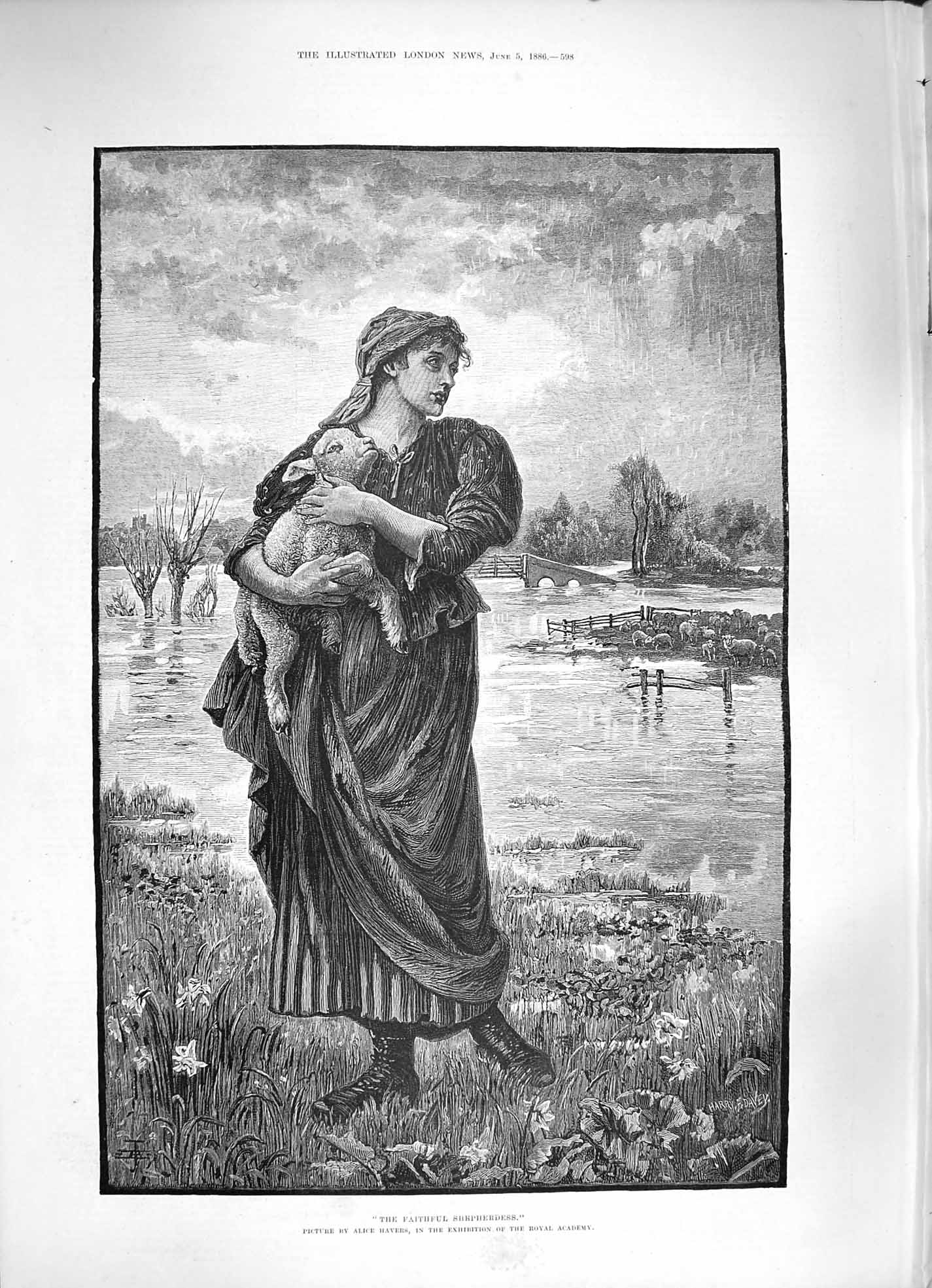 Original Old Antique Print 1886 Faithfull Shepherdess Young Woman Lamb Fine Art