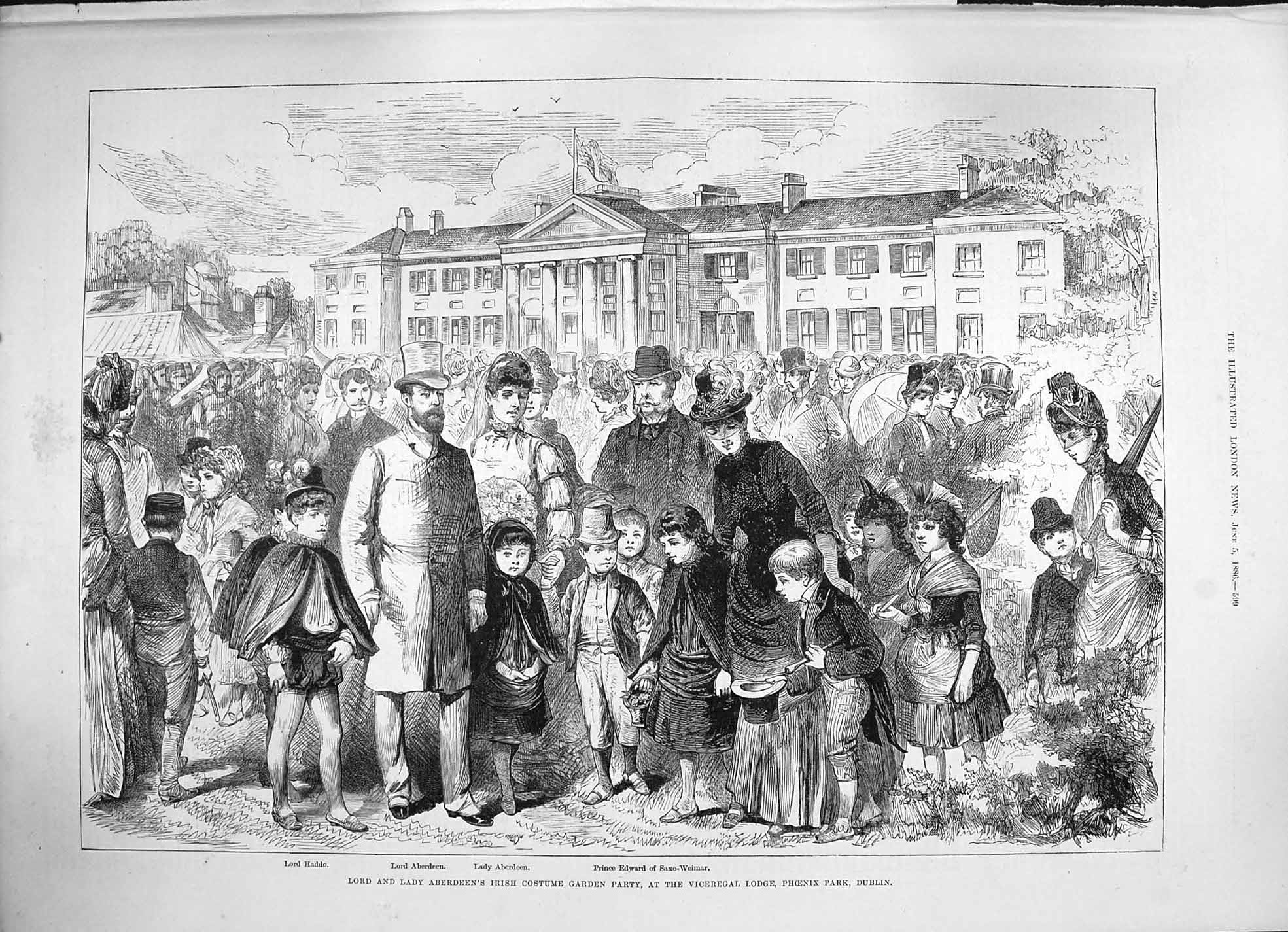 Original Old Antique Print 1886 Lord Lady Aberdeen Irish Costume Party Phoenix