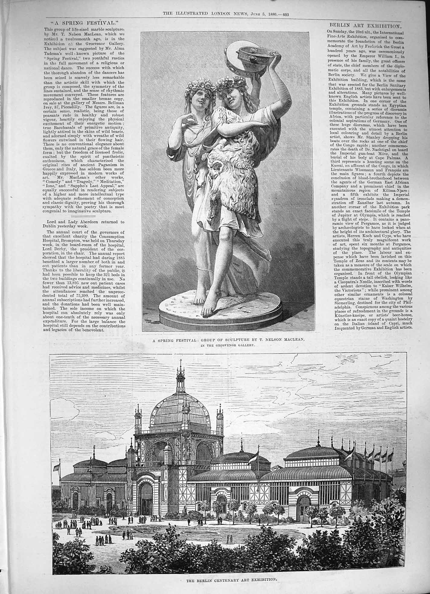 Old Antique Print 1886 Berlin Centenary Art Exhibition Sculpture Maclean 19th