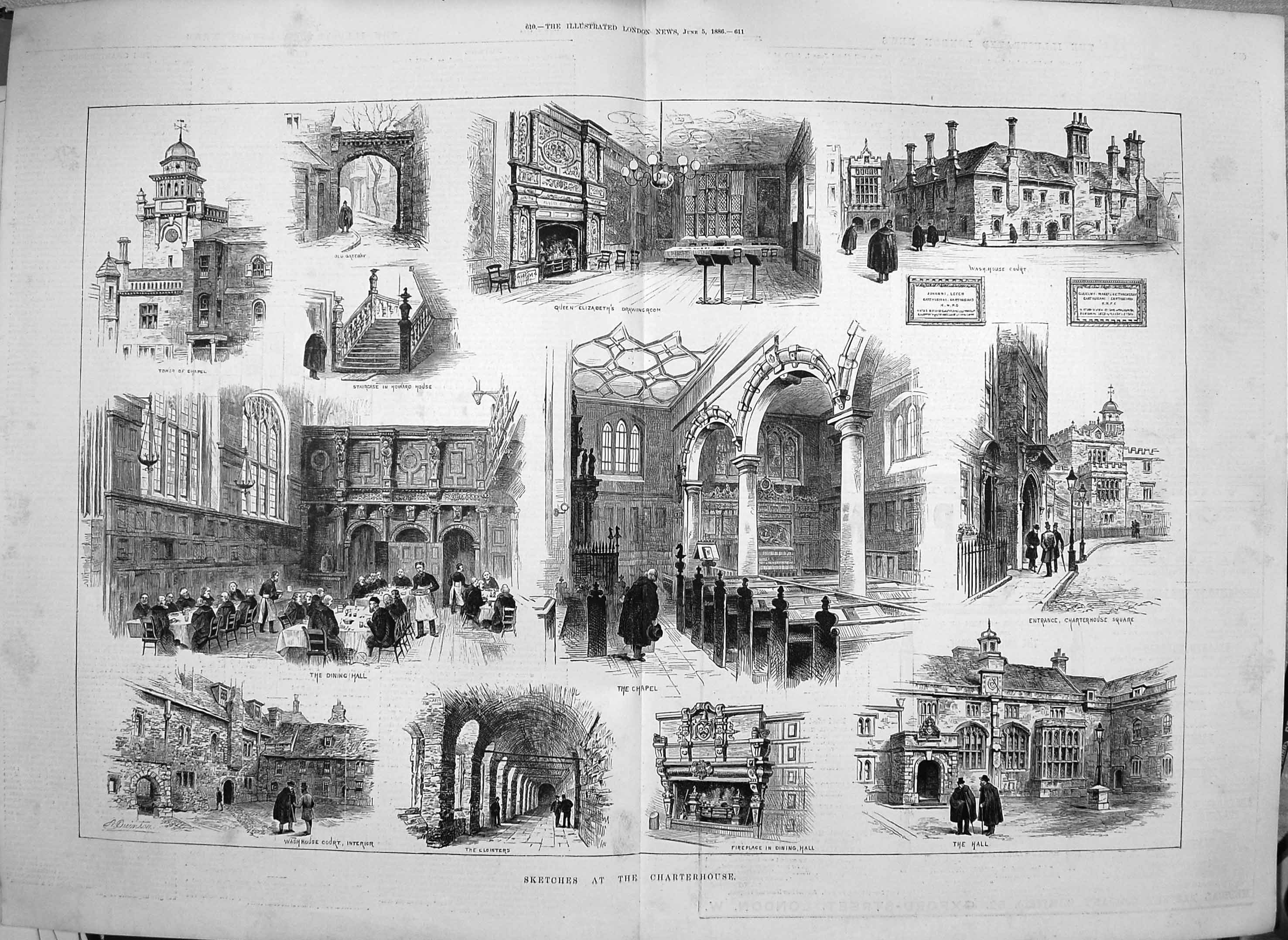 Original Old Antique Print 1886 Charterhouse Chapel Howard House Dining Hall