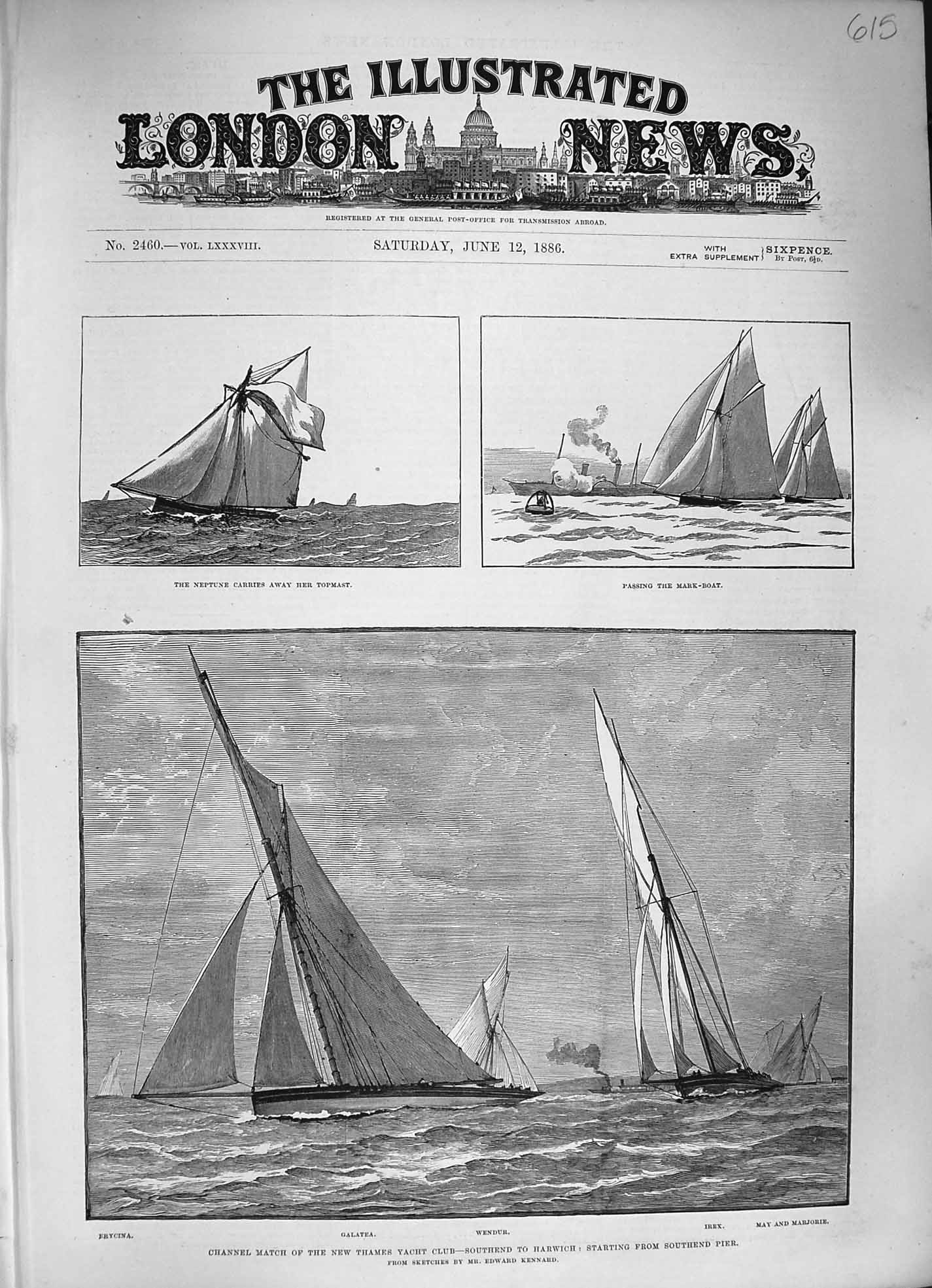 Original Old Antique Print 1886 Thames Yacht Club Neptune Wendur Irex Frycina