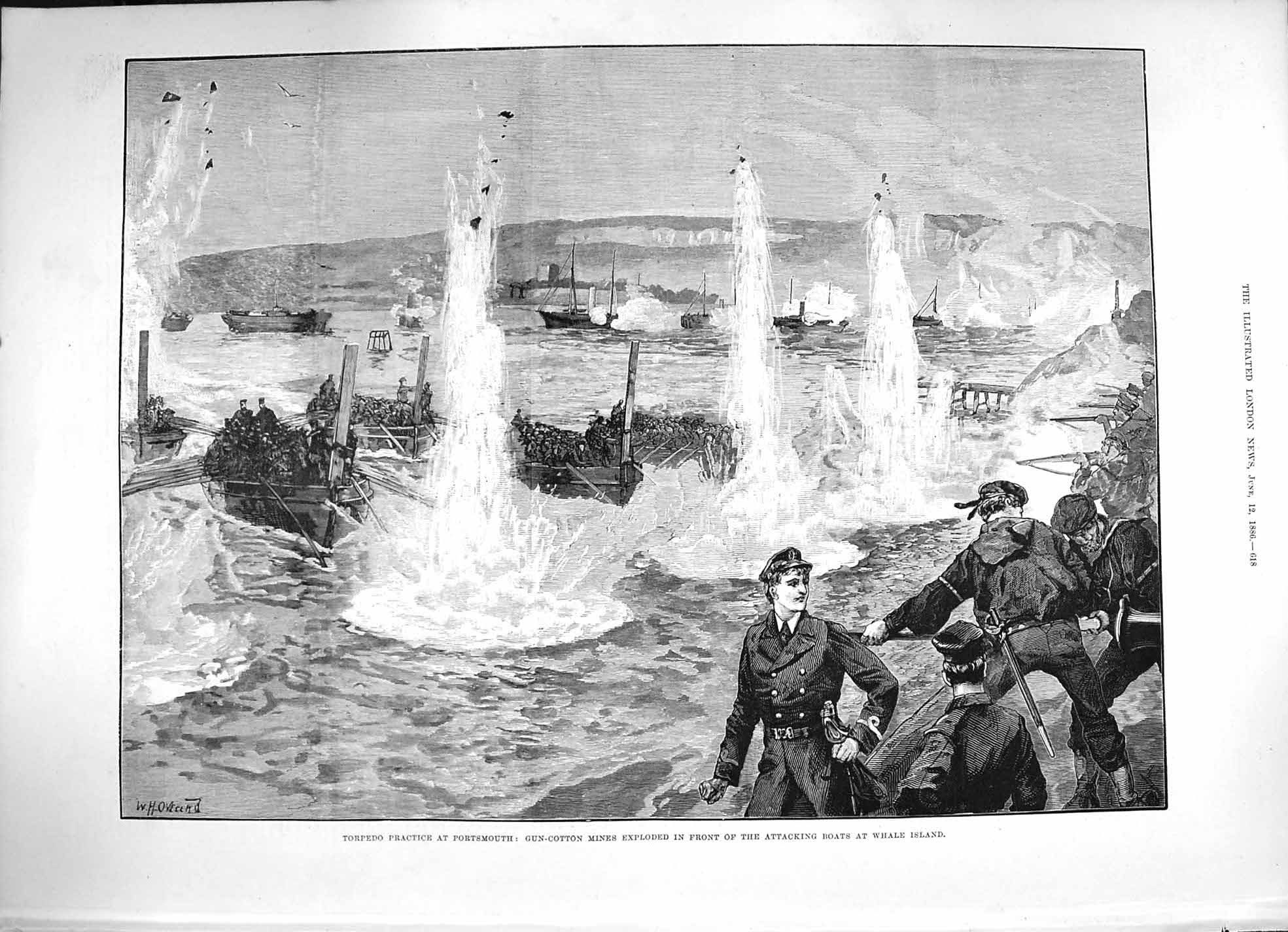Antique Print *3369 1886 Torpedo Practice Portsmouth Gun-Cotton Mines Whale