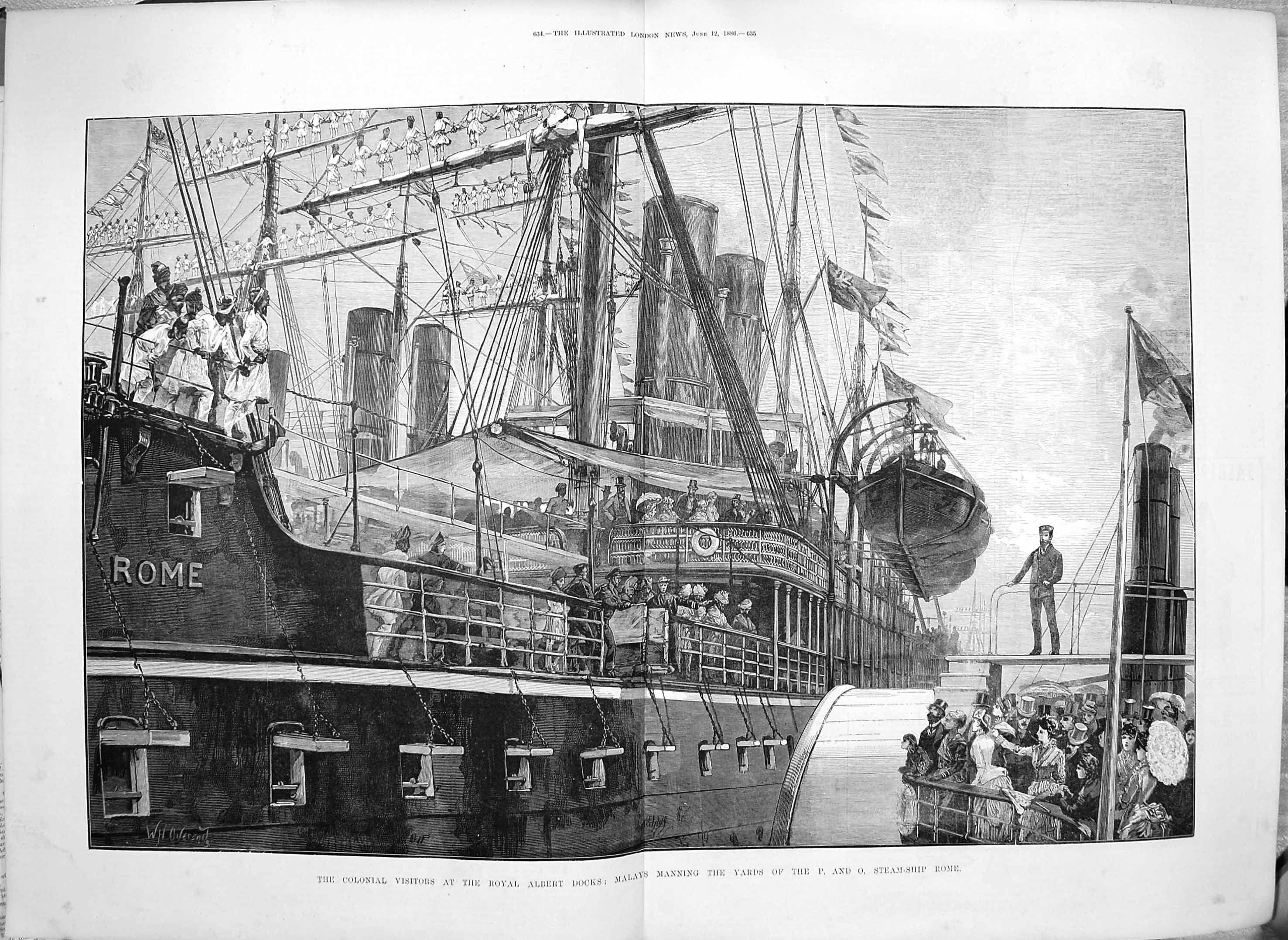 Old Antique Print 1886 Royal Albert Docks P And O Steam Ship Rome Malays 19th