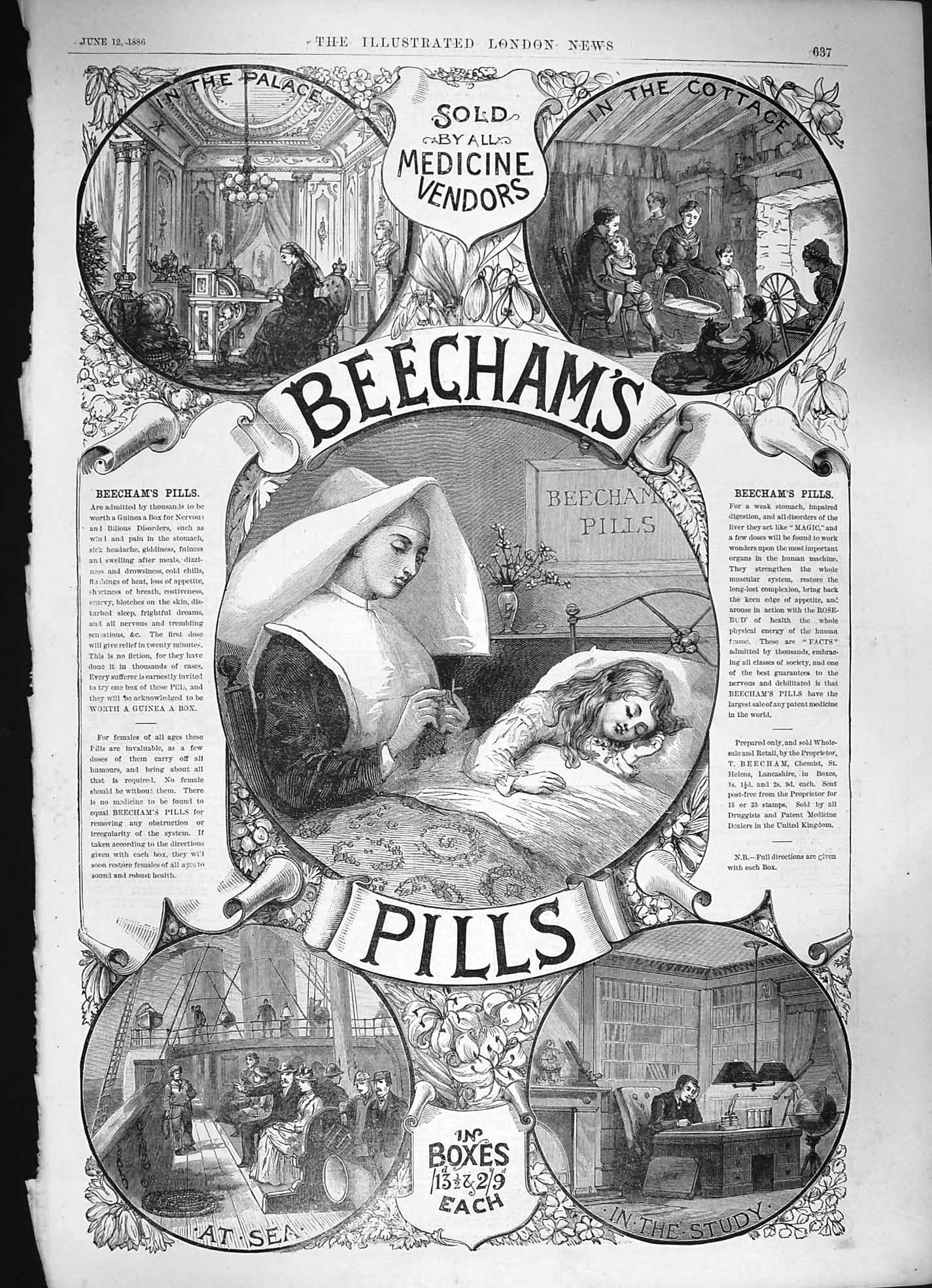 Original Old Antique Print 1886 Advertisement Beechams Pills Medicine Nurse