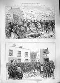 Original Old Antique Print 1886 Riots Belfast Police Mob Brickfields Shankhill