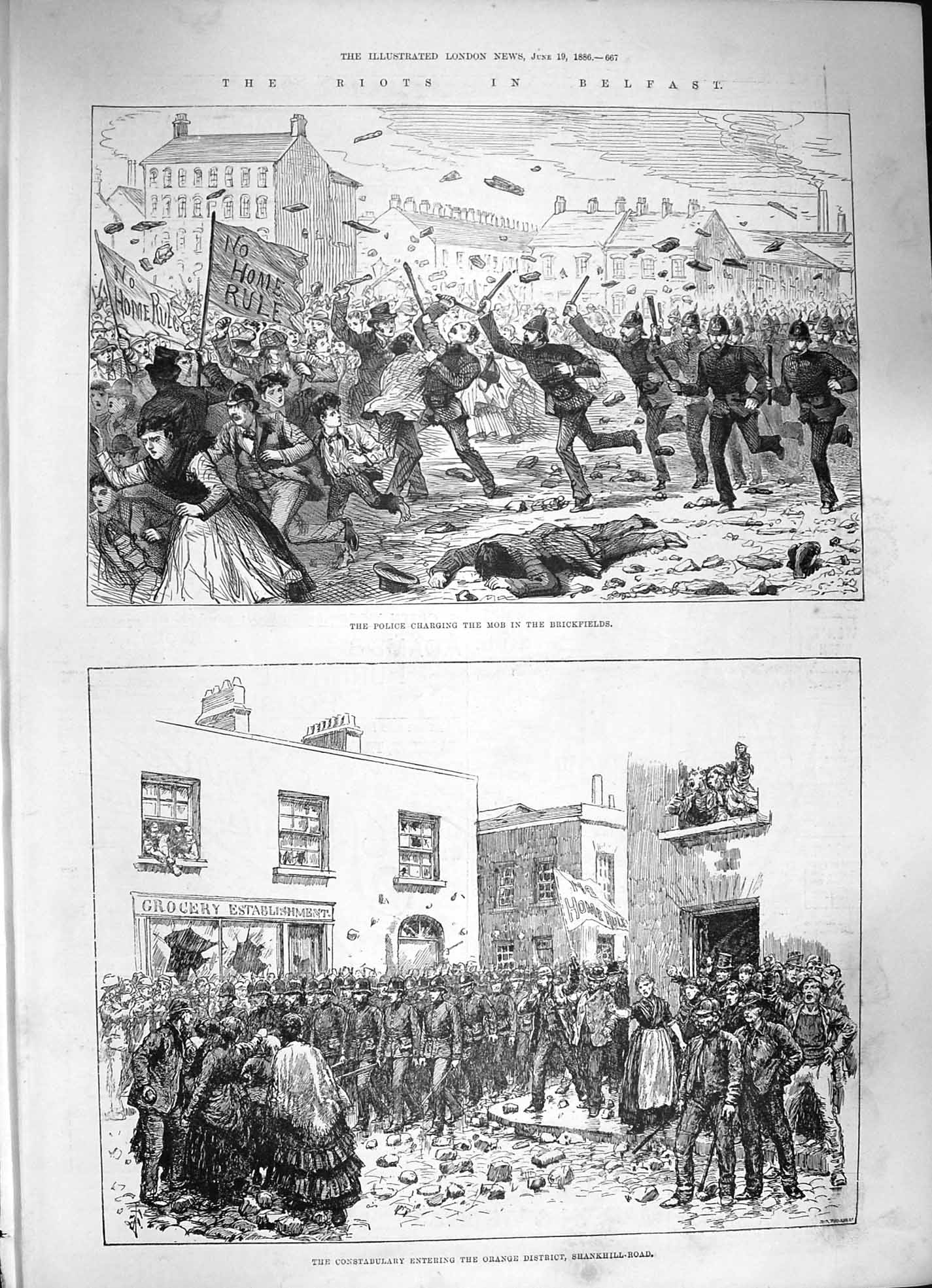 Original Old Antique Print 1886 Riots Belfast Police Mob Brickfields Shankhill
