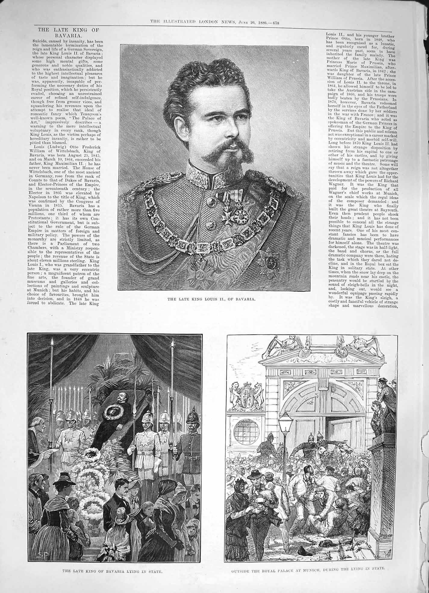 Original Old Antique Print 1886 King Louis Bavaria Palace Munich Castle Ber 19th