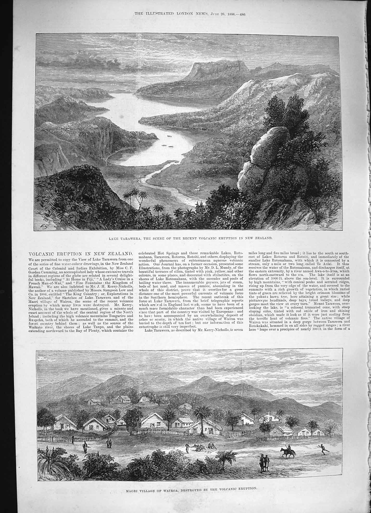 Original Old Antique Print 1886 Lake Tarawera Maori Village Wairoa New 19th
