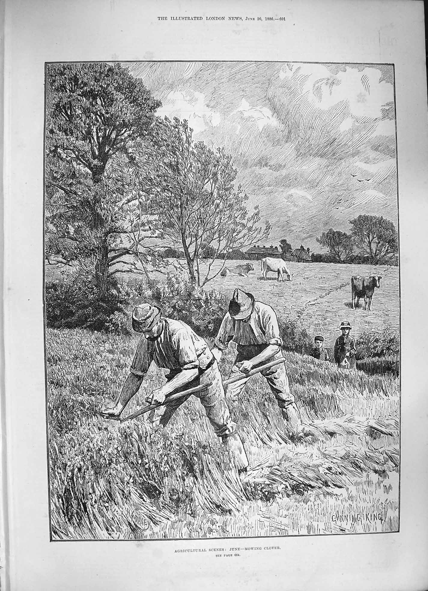 Original Old Antique Print 1886 Agriculture June Mowing Clover Farming Scene