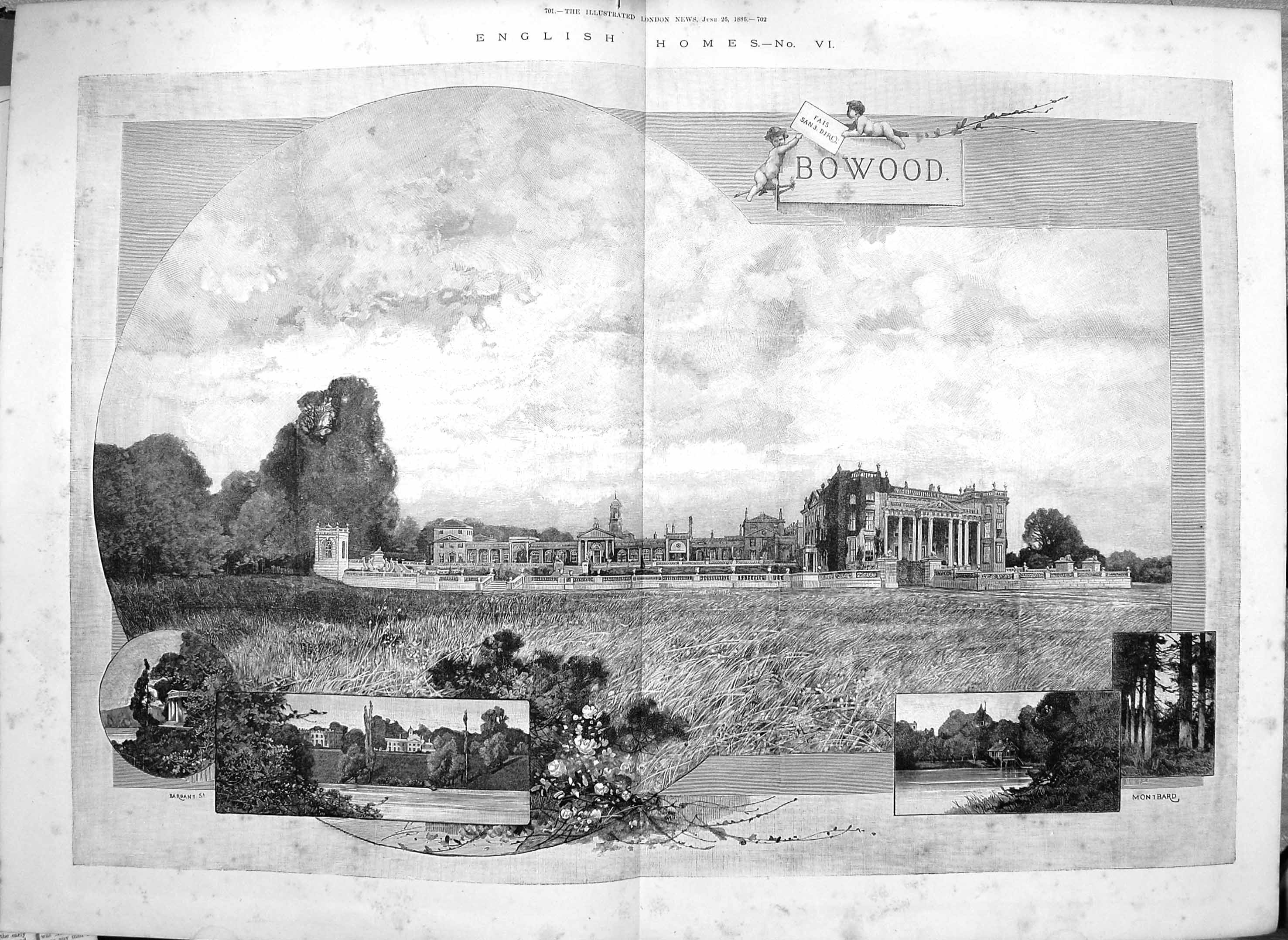 Original Old Antique Print 1886 Bowood Architecture Park Lake Boatman Cottage