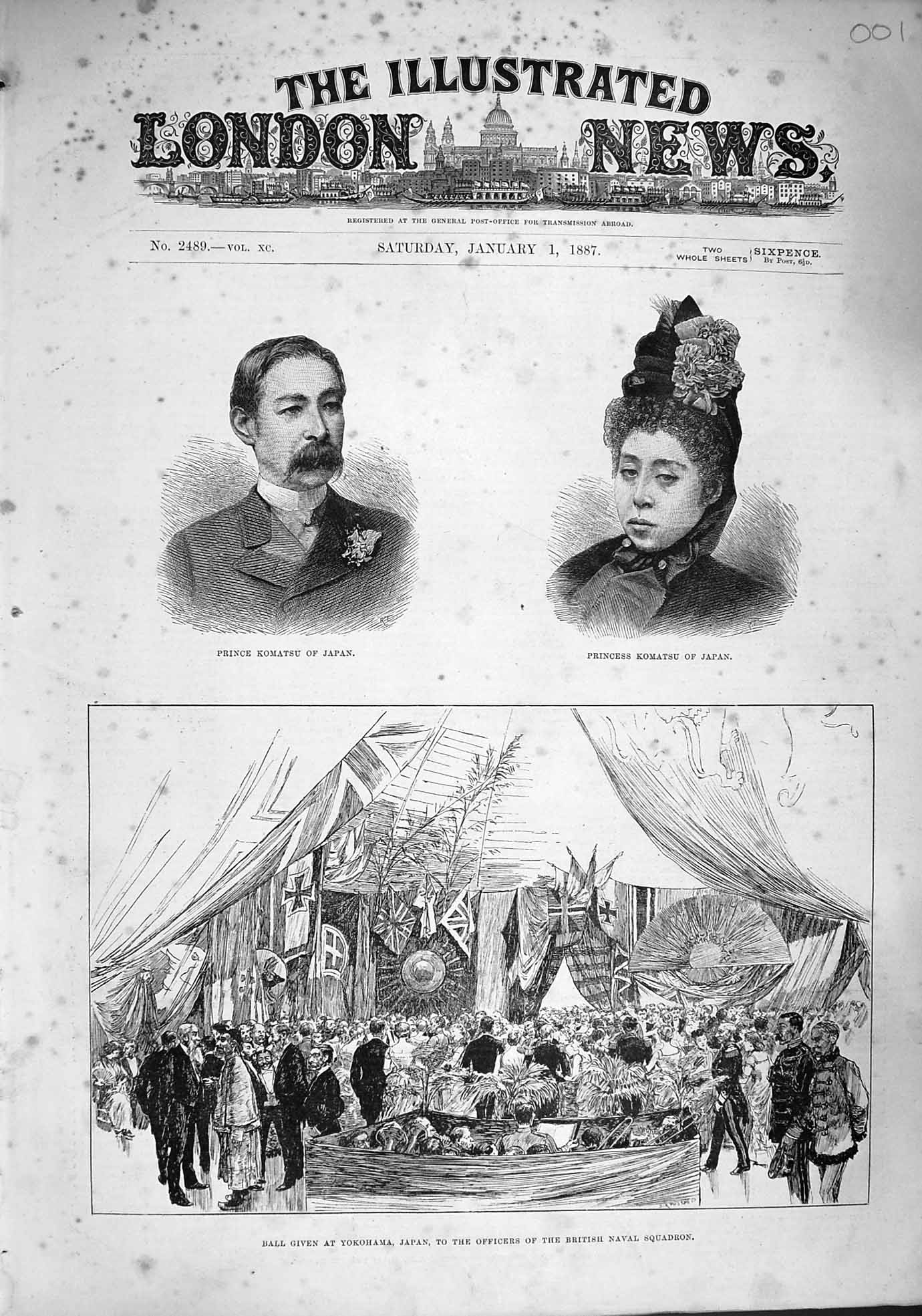 Original Old Antique Print 1887 Ball Yokohama Japan British Navy Prince Komatsu