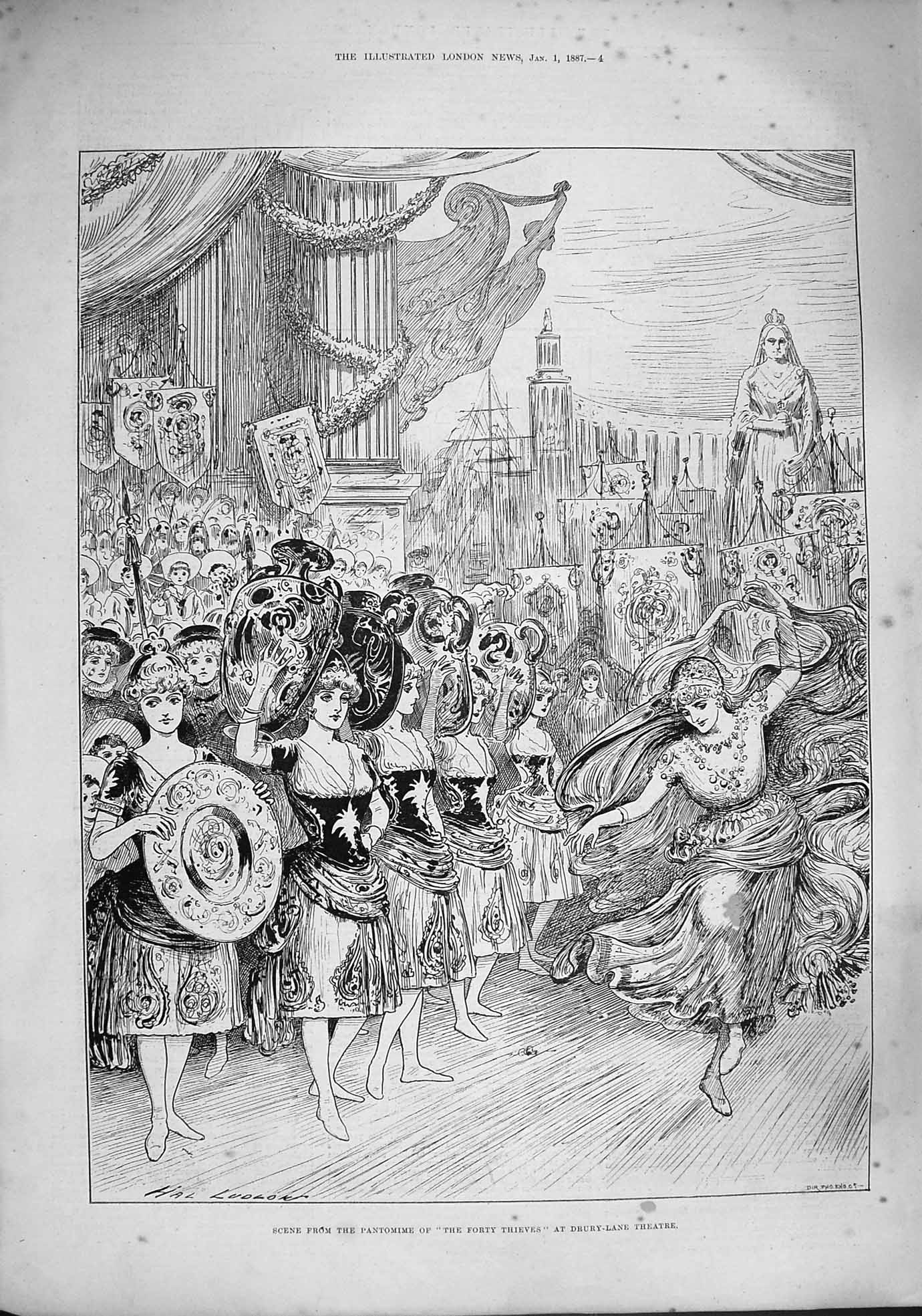 Old Antique Print 1887 Pantomime Forty Thieves Drury Lane Theatre Scene 19th