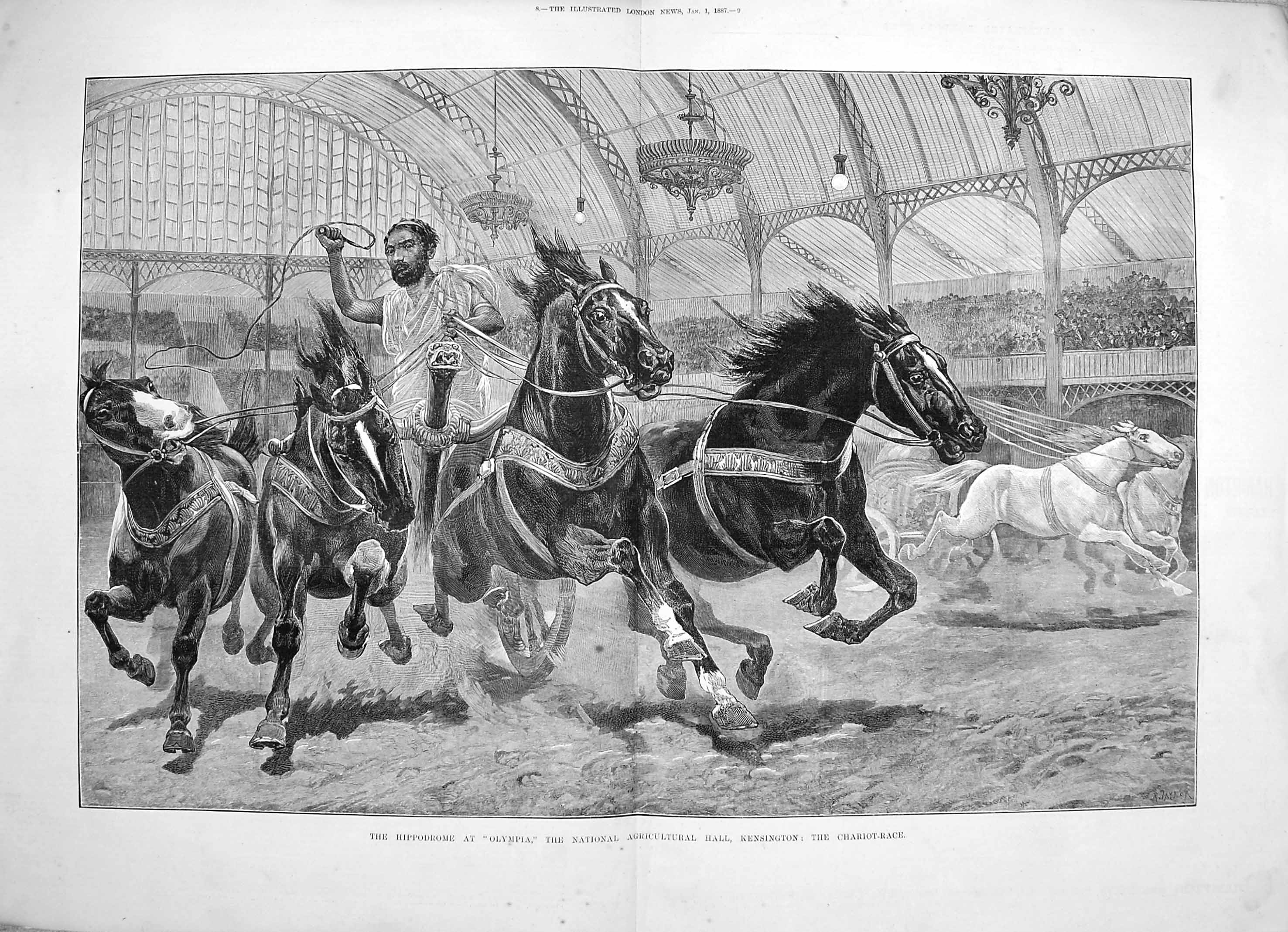 Antique Old Print 1887 Hippodrome Olympia Agricultural Kensington Chariot 0 19th
