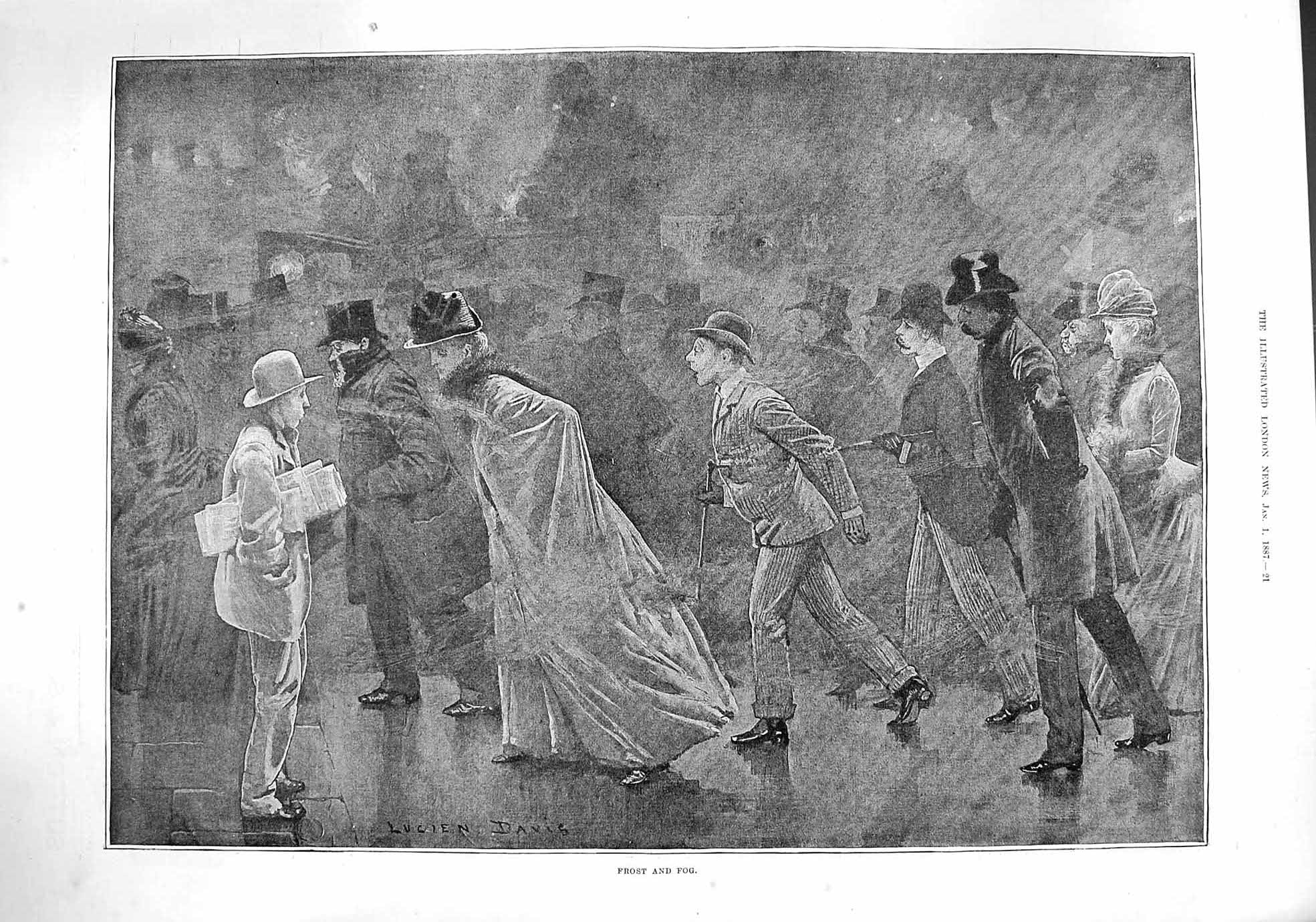 Original Old Antique Print 1887 Frost Fog Street Scene Winter Transport 19th