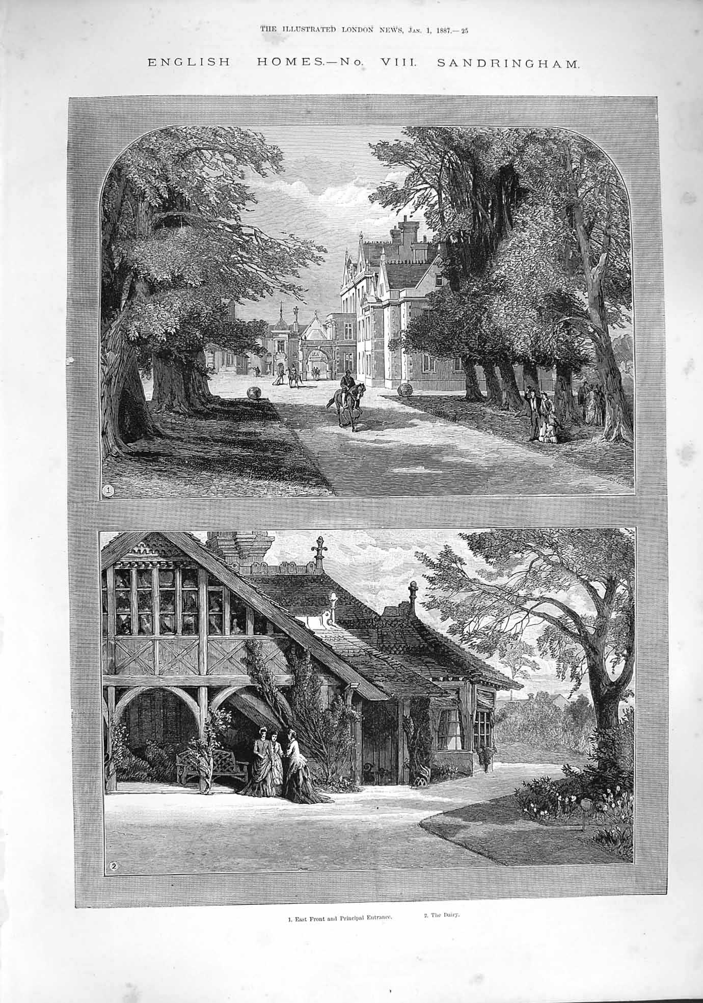Old Antique Print 1887 Sandringham Dairy Church Dighton Probyn Lych Gate 19th