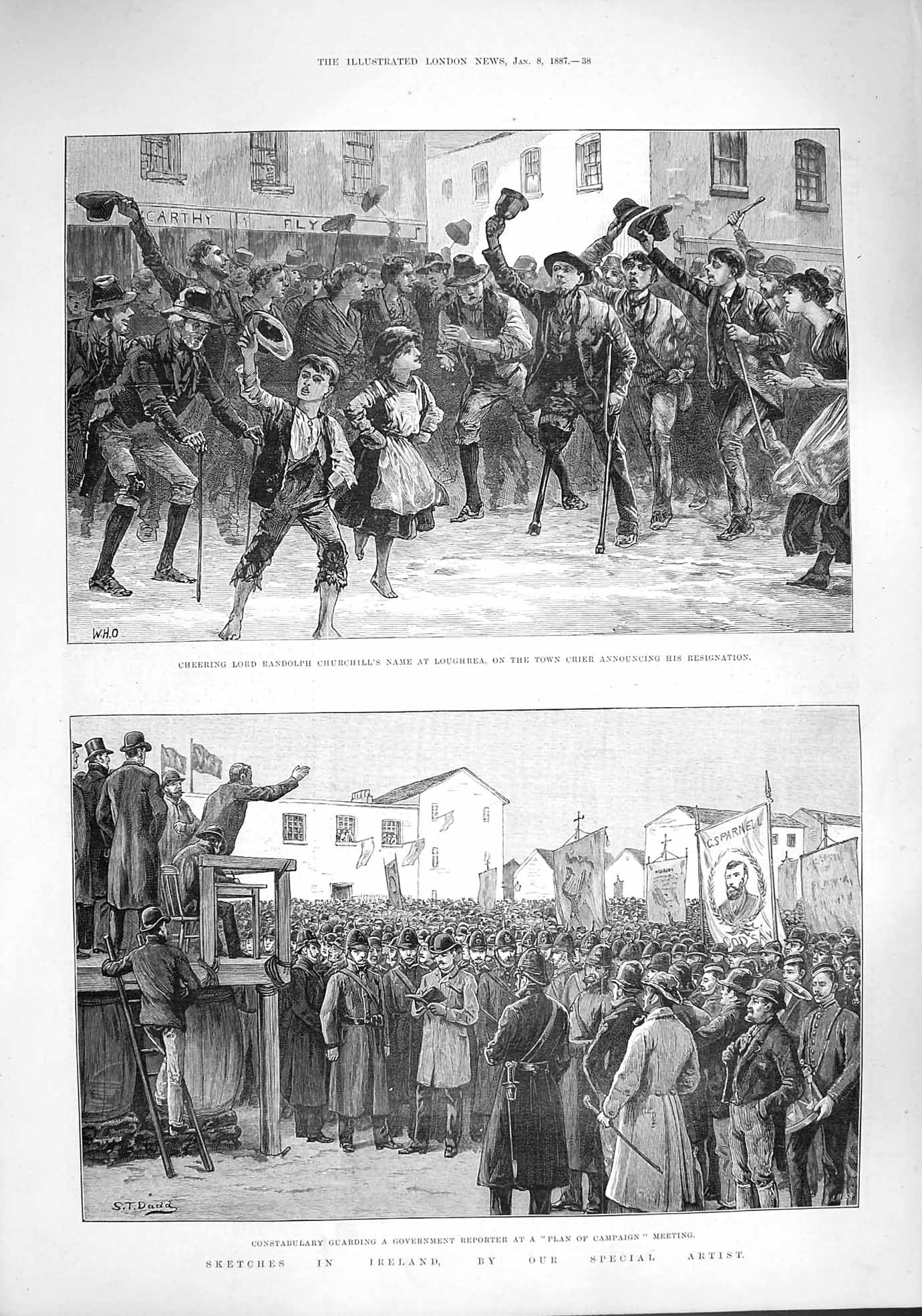 Old Antique Print 1887 Ireland Lord Churchill Loughrea Police Government 19th