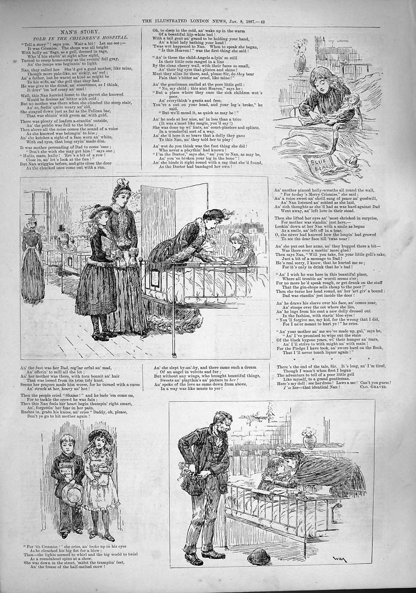 Original Old Antique Print 1887 Nan'S Story Childrens Hospital Ward Victorian