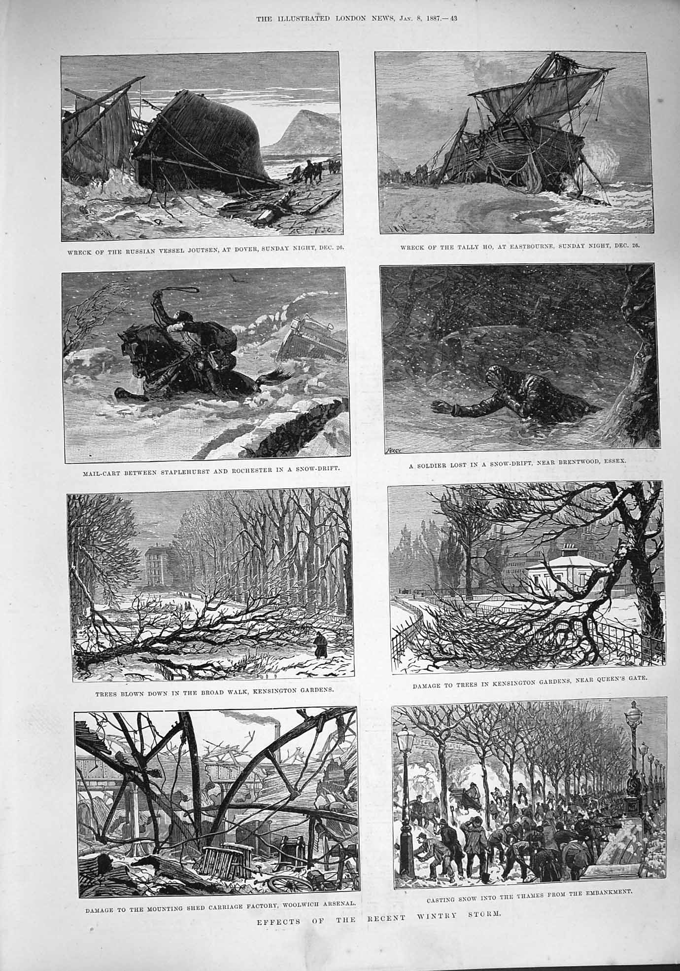 Old Antique Print 1887 Winter Storm Ship Wreck Dover Kensington Woolwich 19th