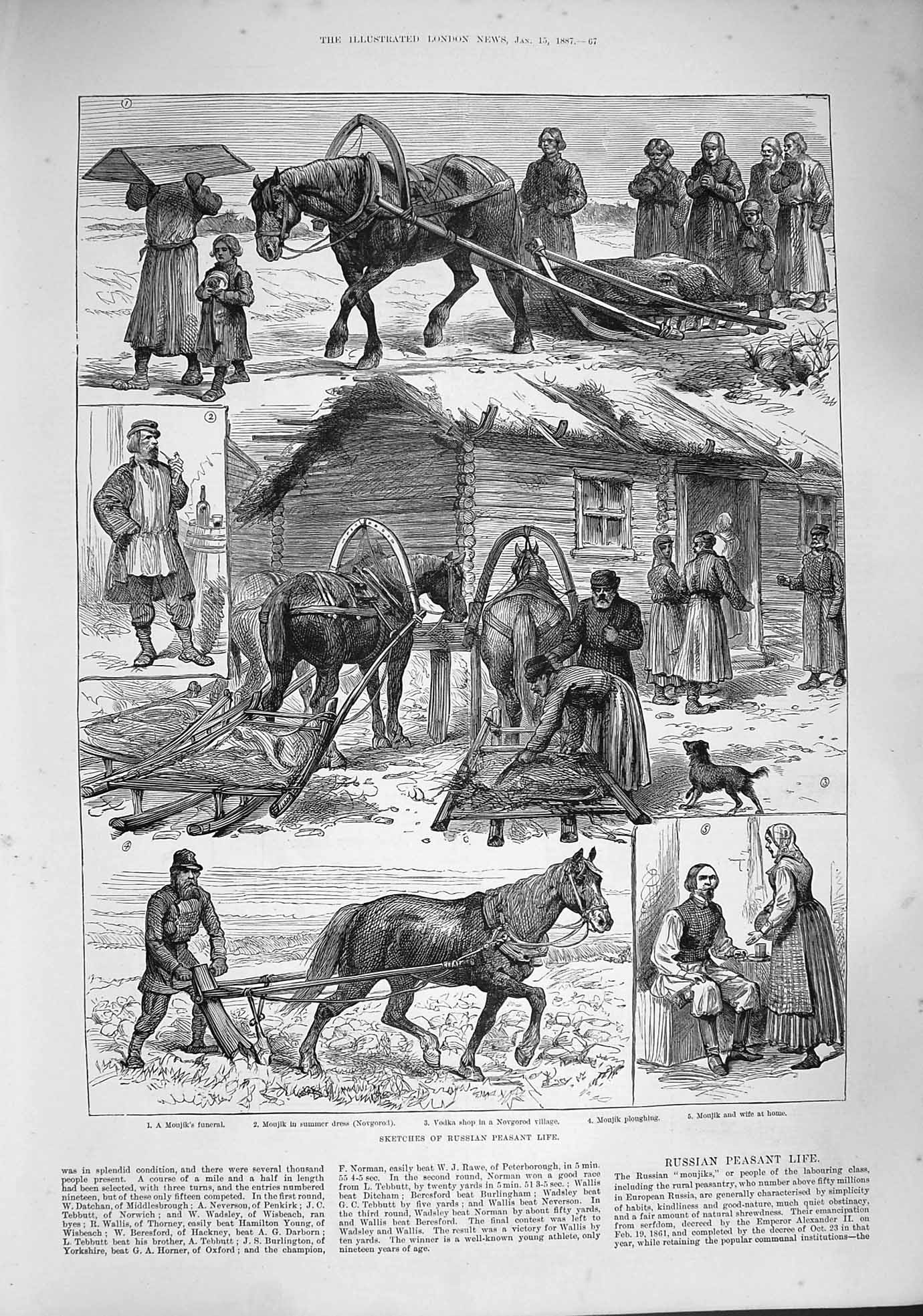 Original Old Antique Print 1887 Russian Peasant Life Monjik Ploughing Funeral