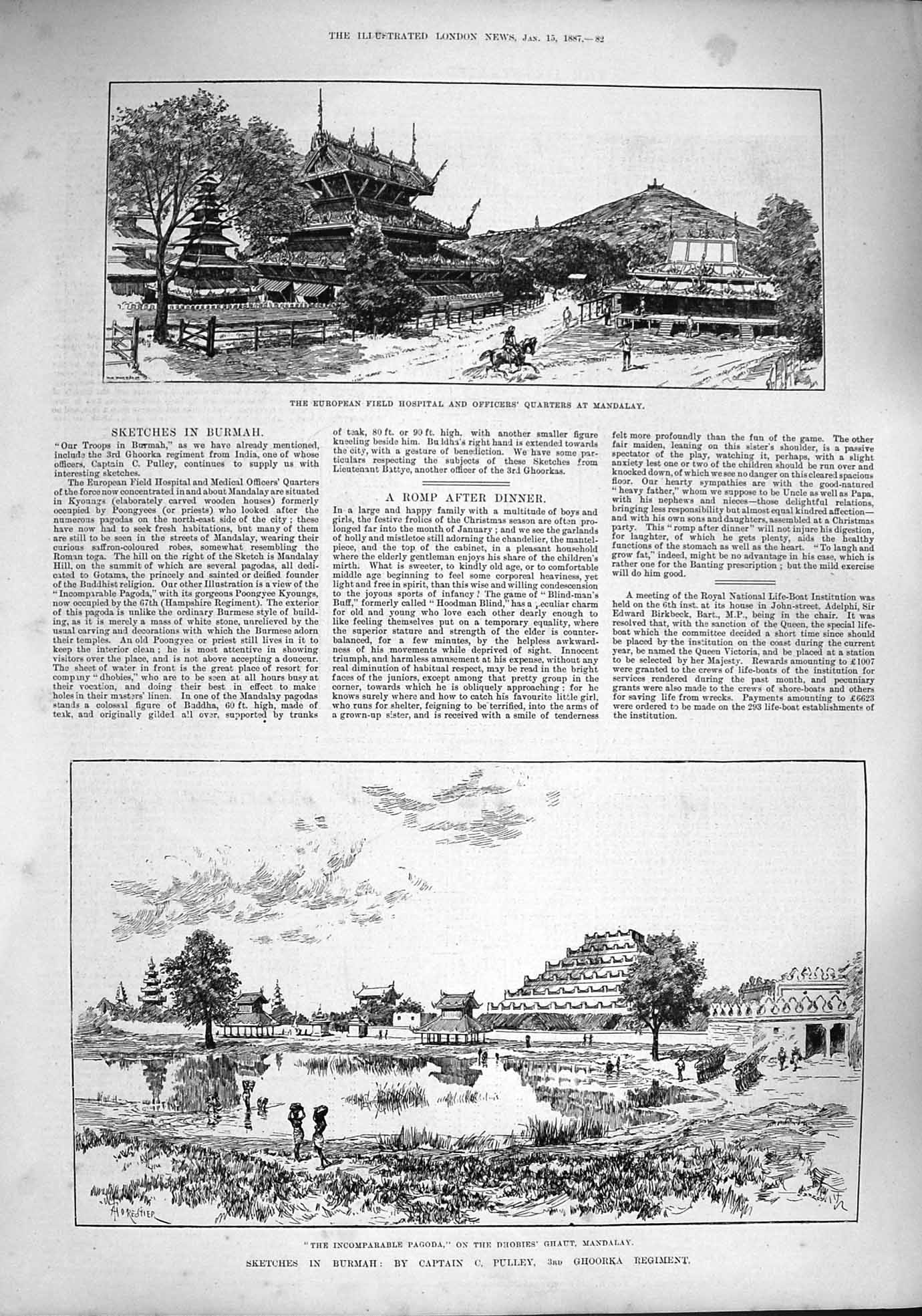 Original Old Antique Print 1887 Field Hospital Mandalay Burmah Ghoorka Pagoda