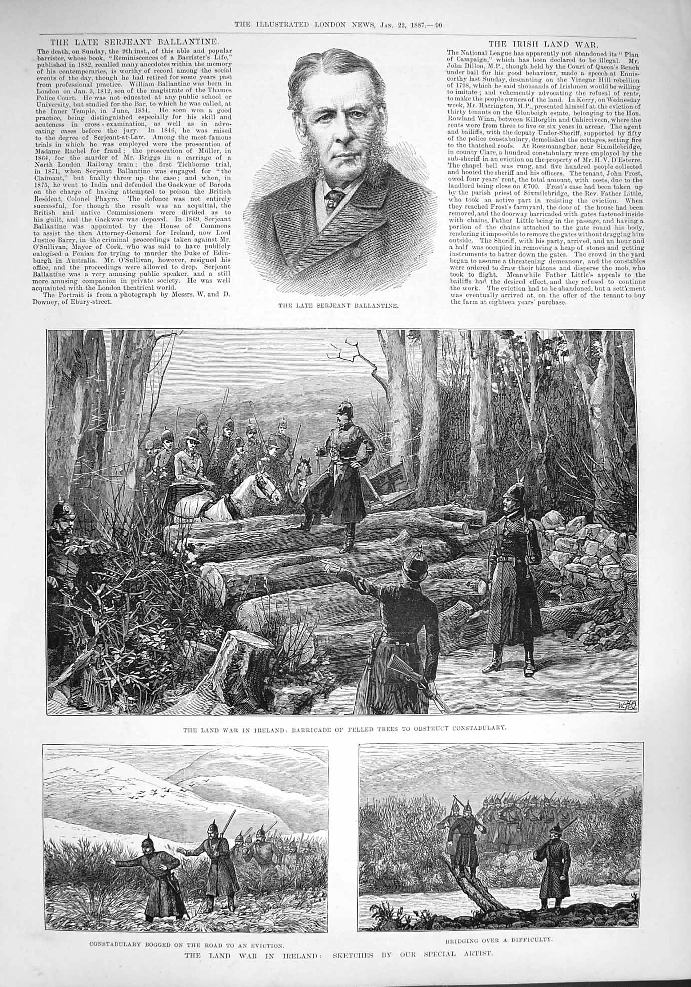 Old Antique Print 1887 Ballantine Land War Ireland Barricade Trees Police 19th