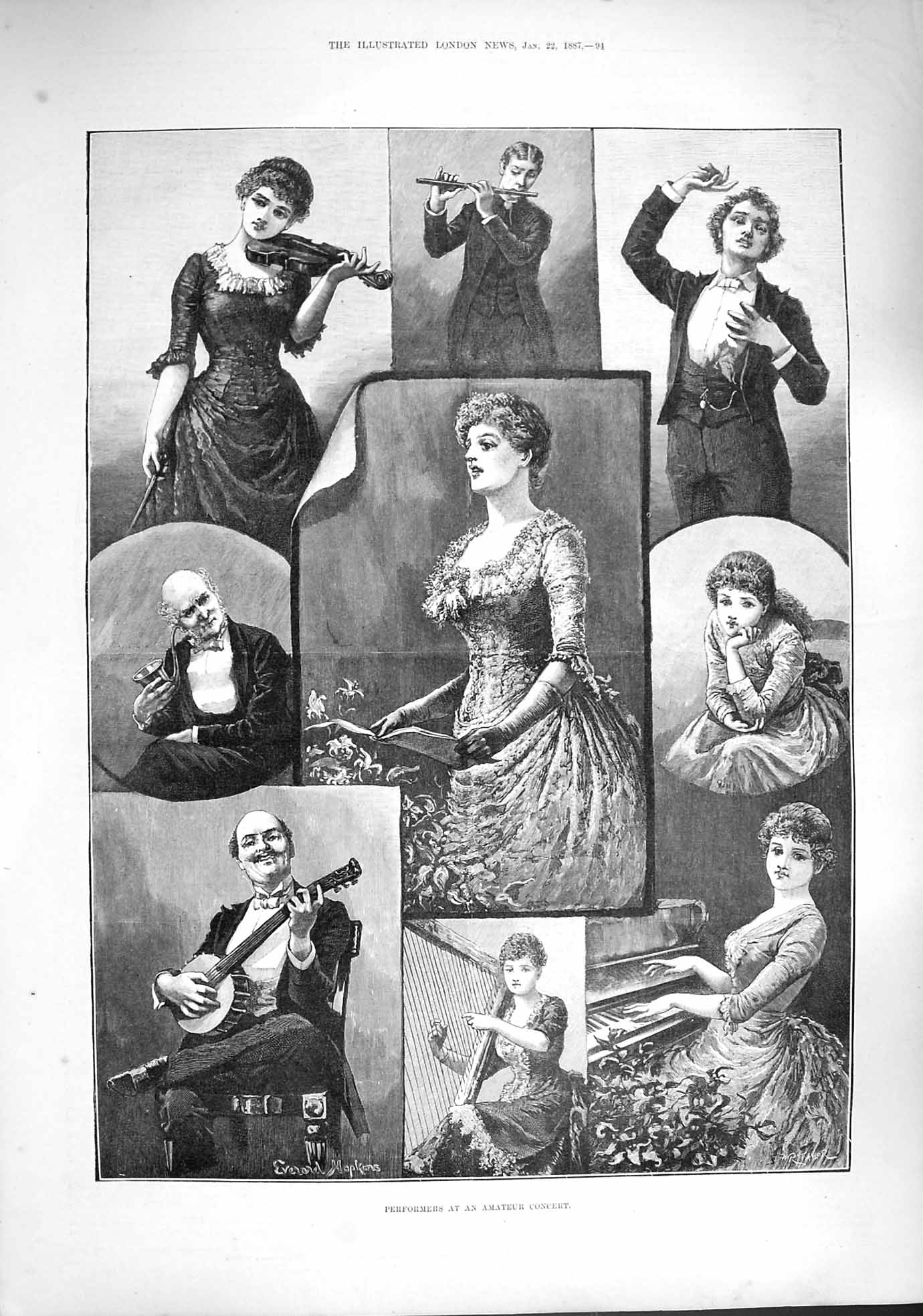 Original Old Antique Print 1887 Performances Amateur Concert Music Fine Art