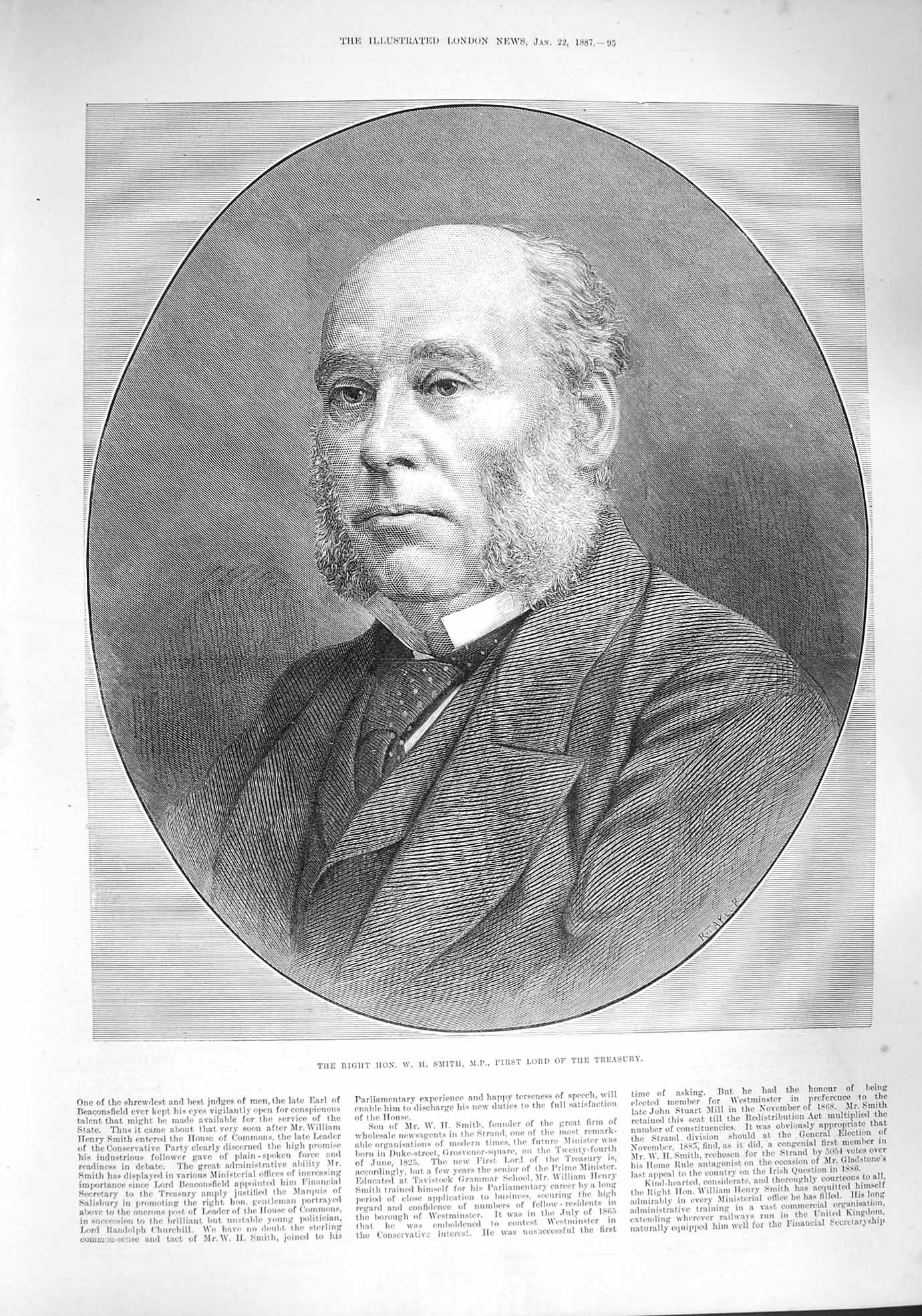 Original Old Antique Print 1887 Portrait Smith Lord Treasury Parliament 19th
