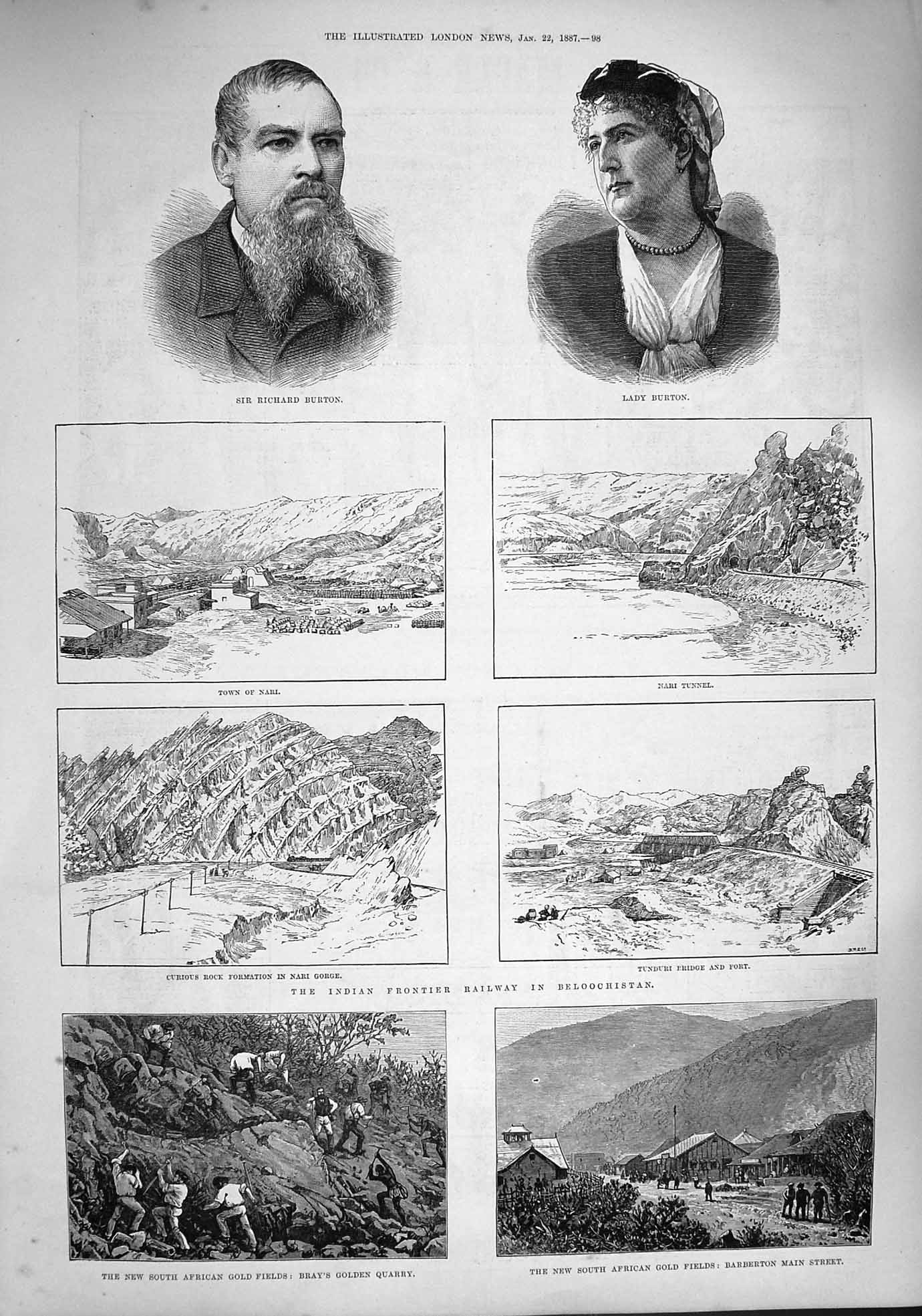 Original Old Antique Print 1887 Burton Africa GFields Beloochistan Railway 19th