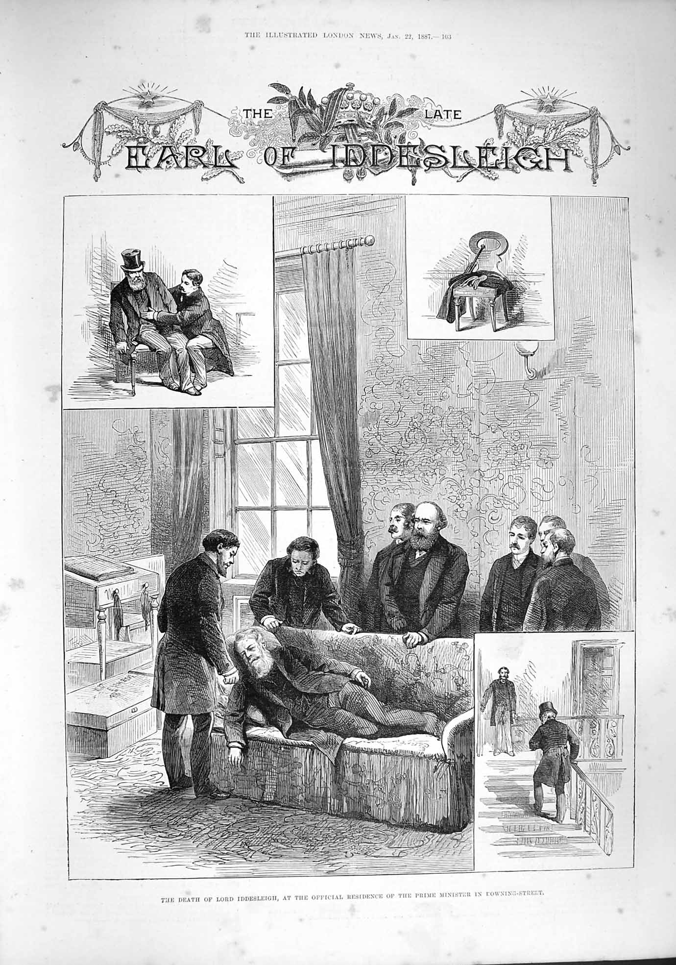 Old Antique Print 1887 Earl Iddesleigh Prime Minister Downing Church Pyne 19th
