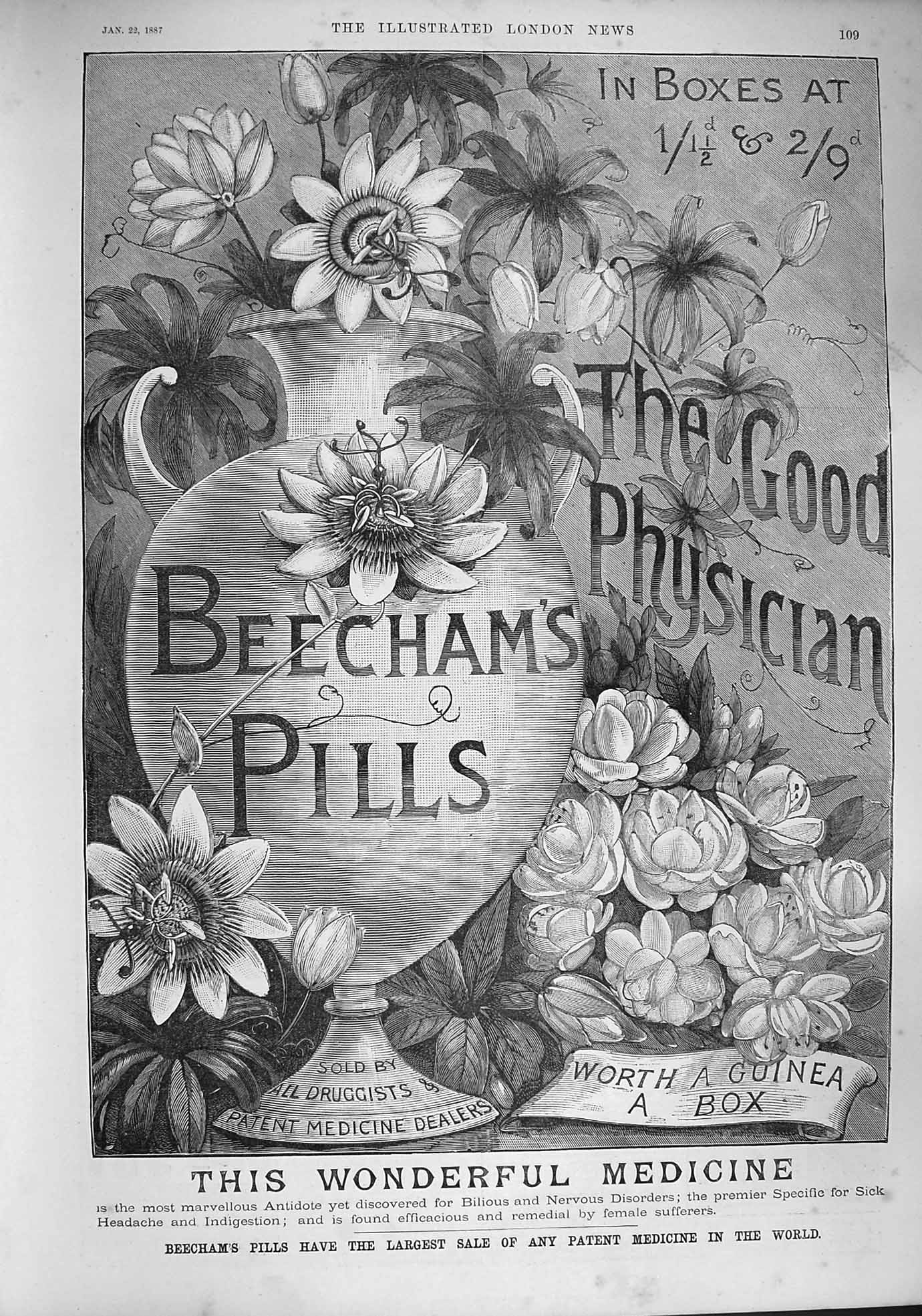 Original Old Antique Print 1887 Advertisement Beechams Pills Patent Medicine