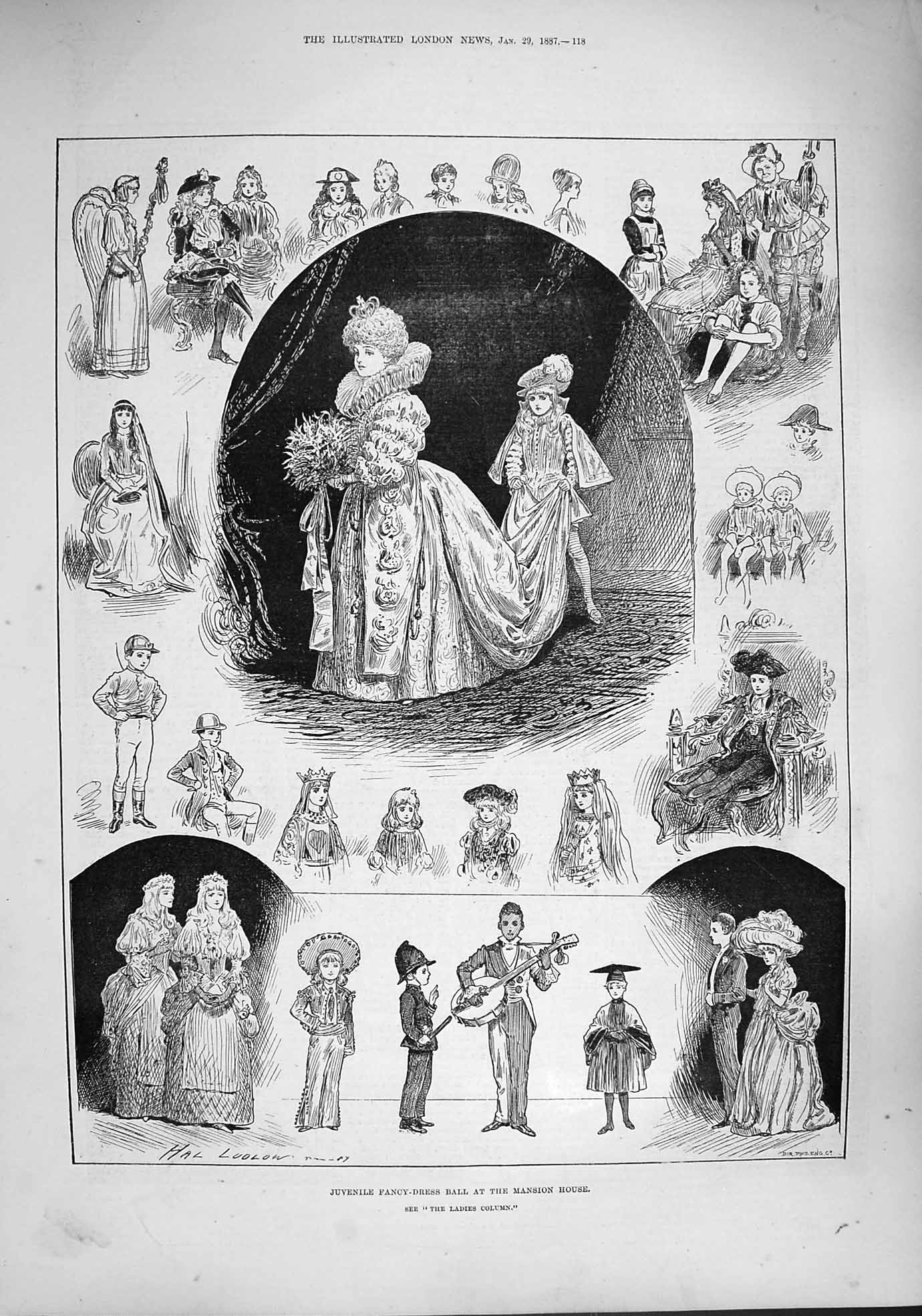 Original Old Antique Print 1887 Children Fancy Dress Ball Mansion House Costume