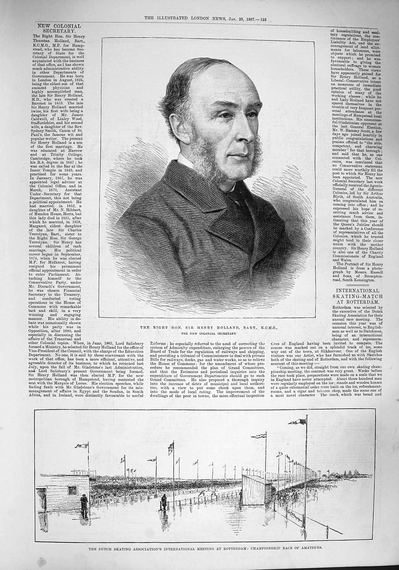 Original Old Antique Print 1887 Henry Holland Dutch Skating Rotterdam Amateurs