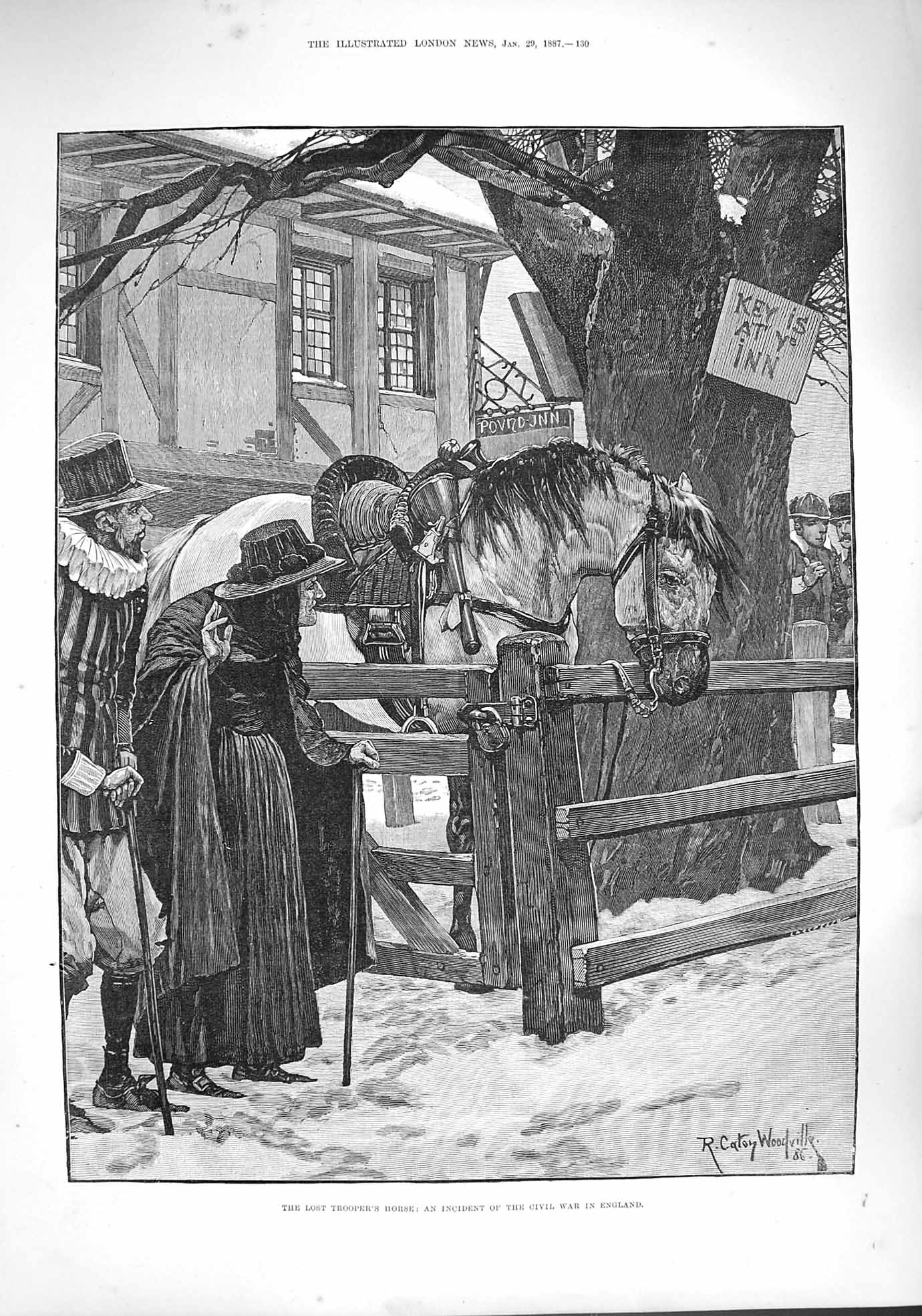Original Old Antique Print 1887 Civil War England Lost Troopers Horse Inn 19th