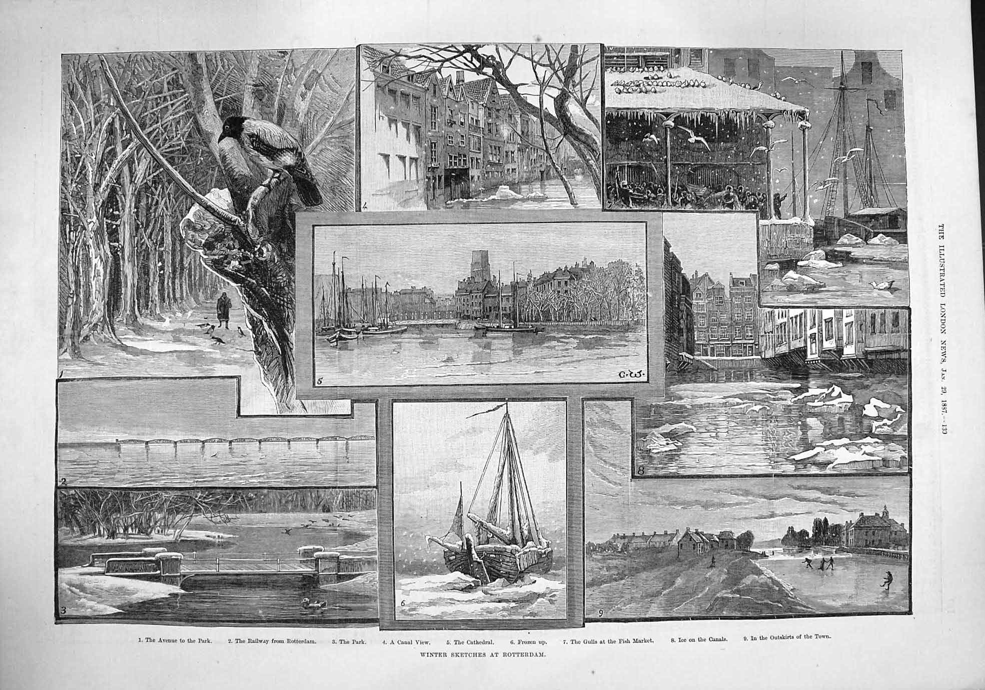 Old Antique Print 1887 Rotterdam Railway Cathedral Fish Market Ship Canal 19th