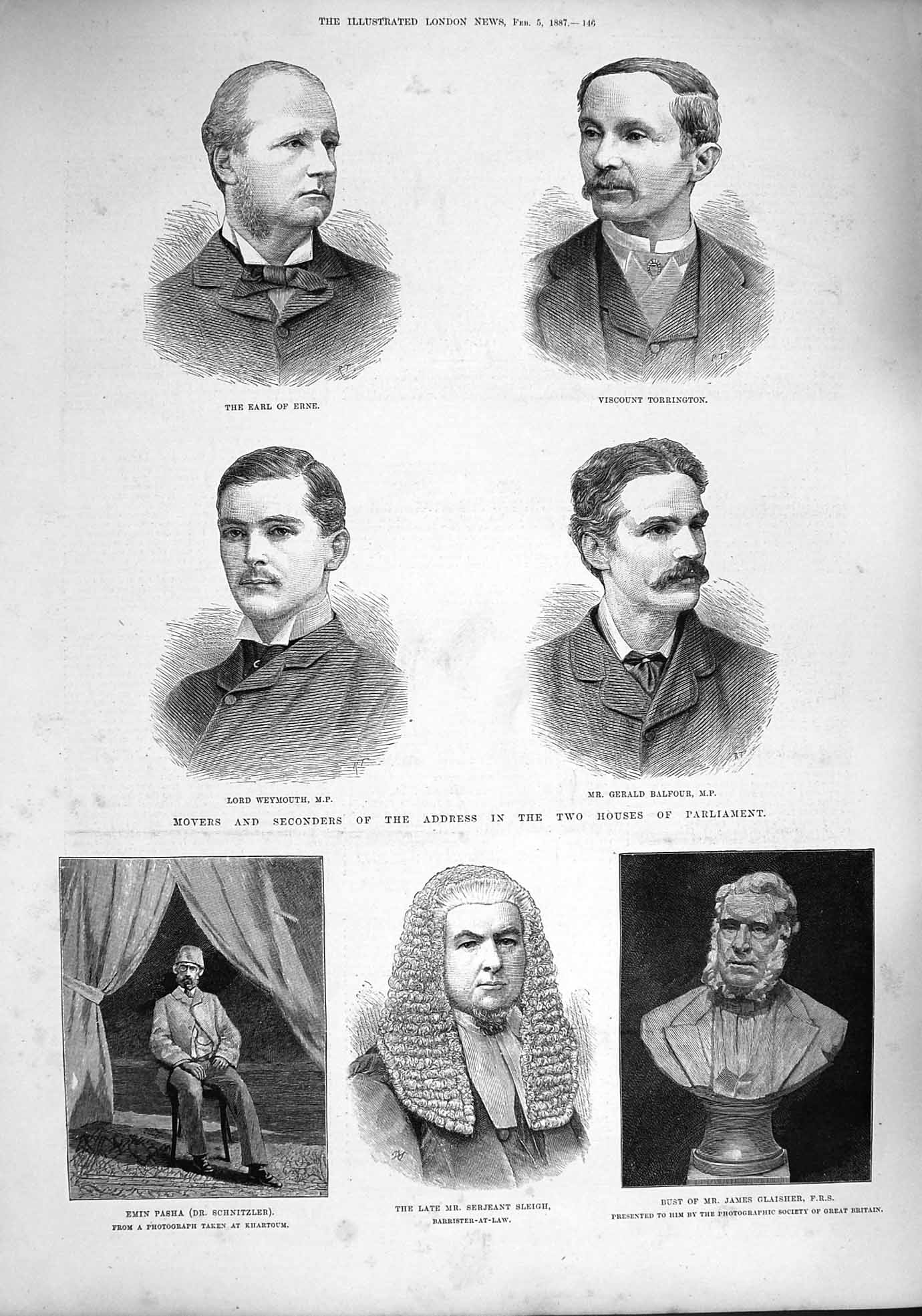 Old Antique Print 1887 Parliament Erne Torrington Weymouth Balfour Pasha 19th