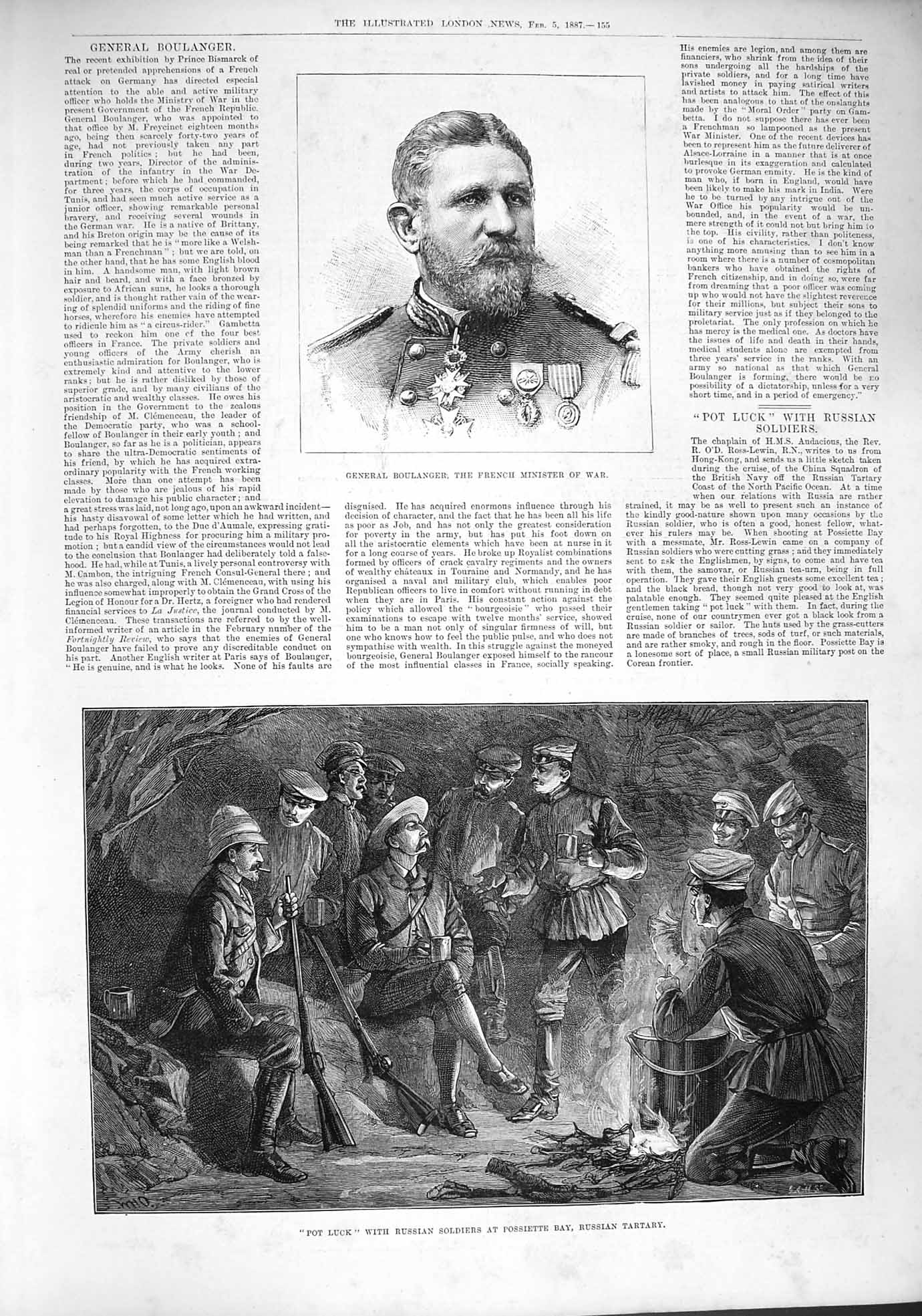 Original Old Antique Print 1887 General Boulanger Russian Siers Possiette Bay