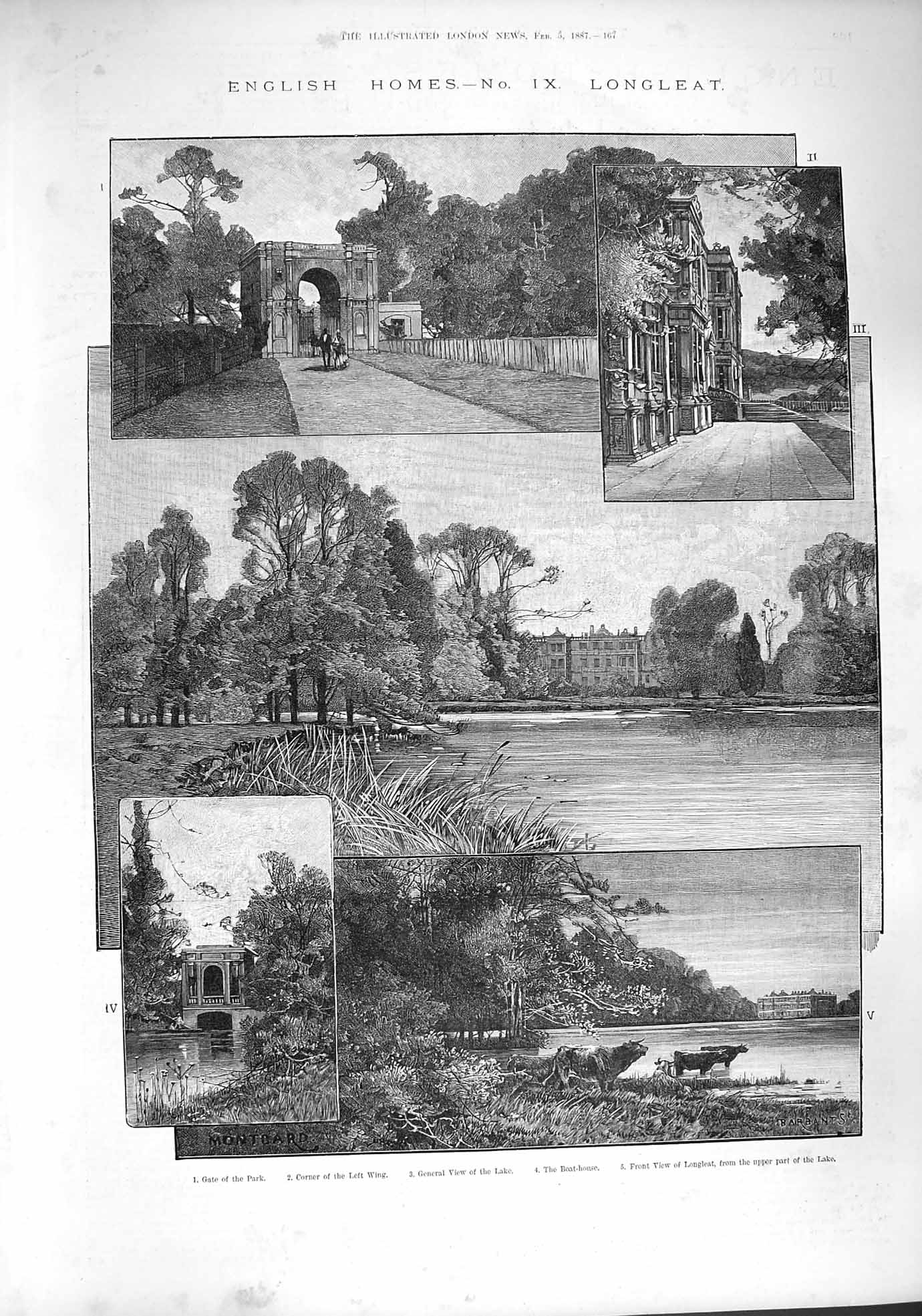Original Old Antique Print 1887 Longleat Lake Boat-House Mansion English Home