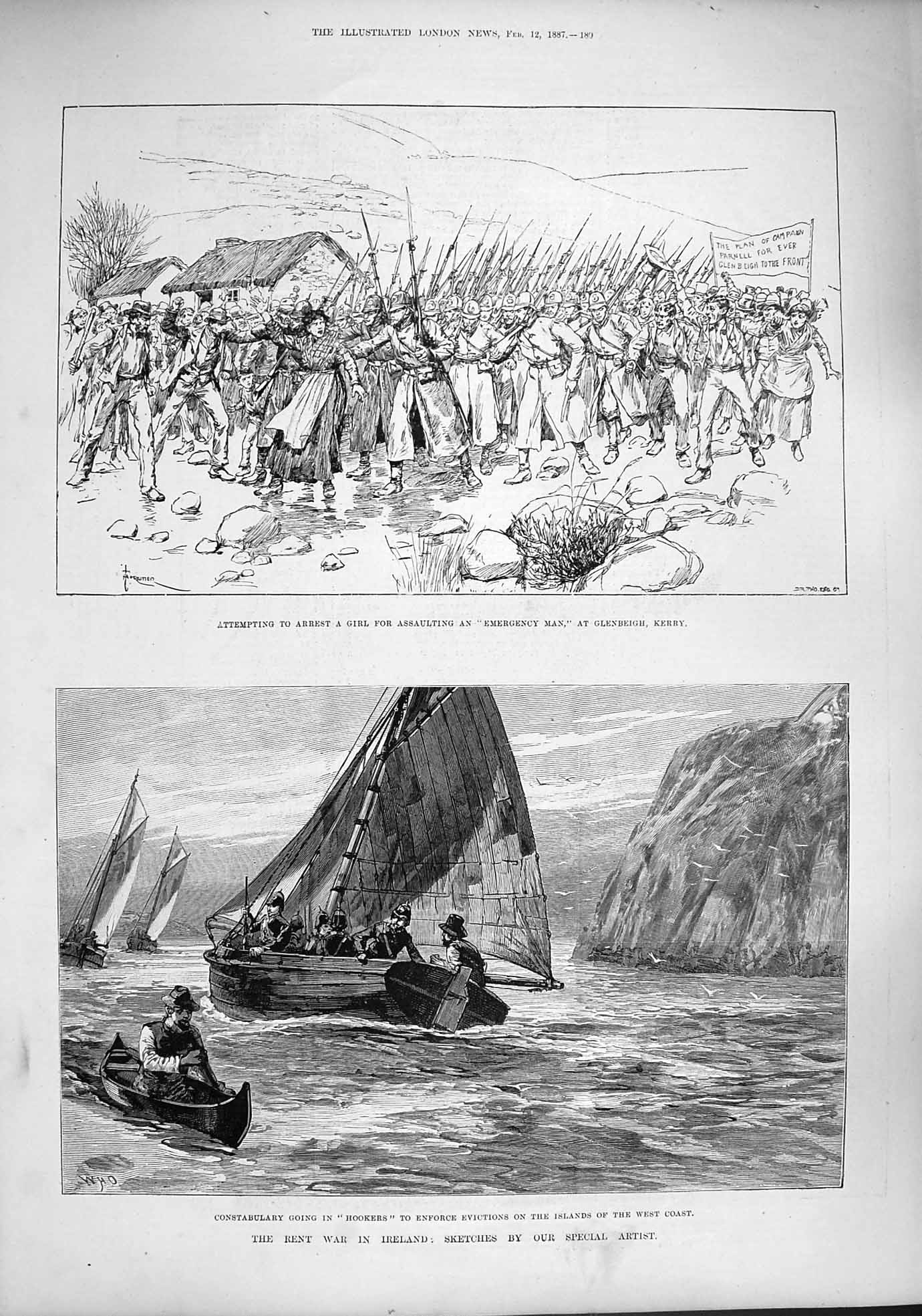 Original Old Antique Print 1887 Rent War Ireland Police Hookers Glenbeigh Kerry