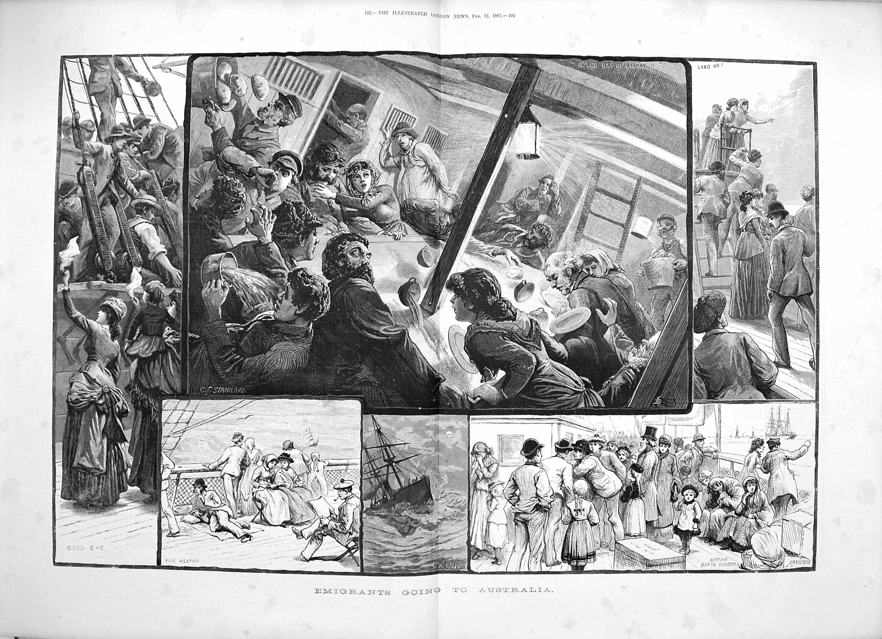 Original Old Antique Print 1887 Emigrants Australia Passenger Ship Stormy Sea