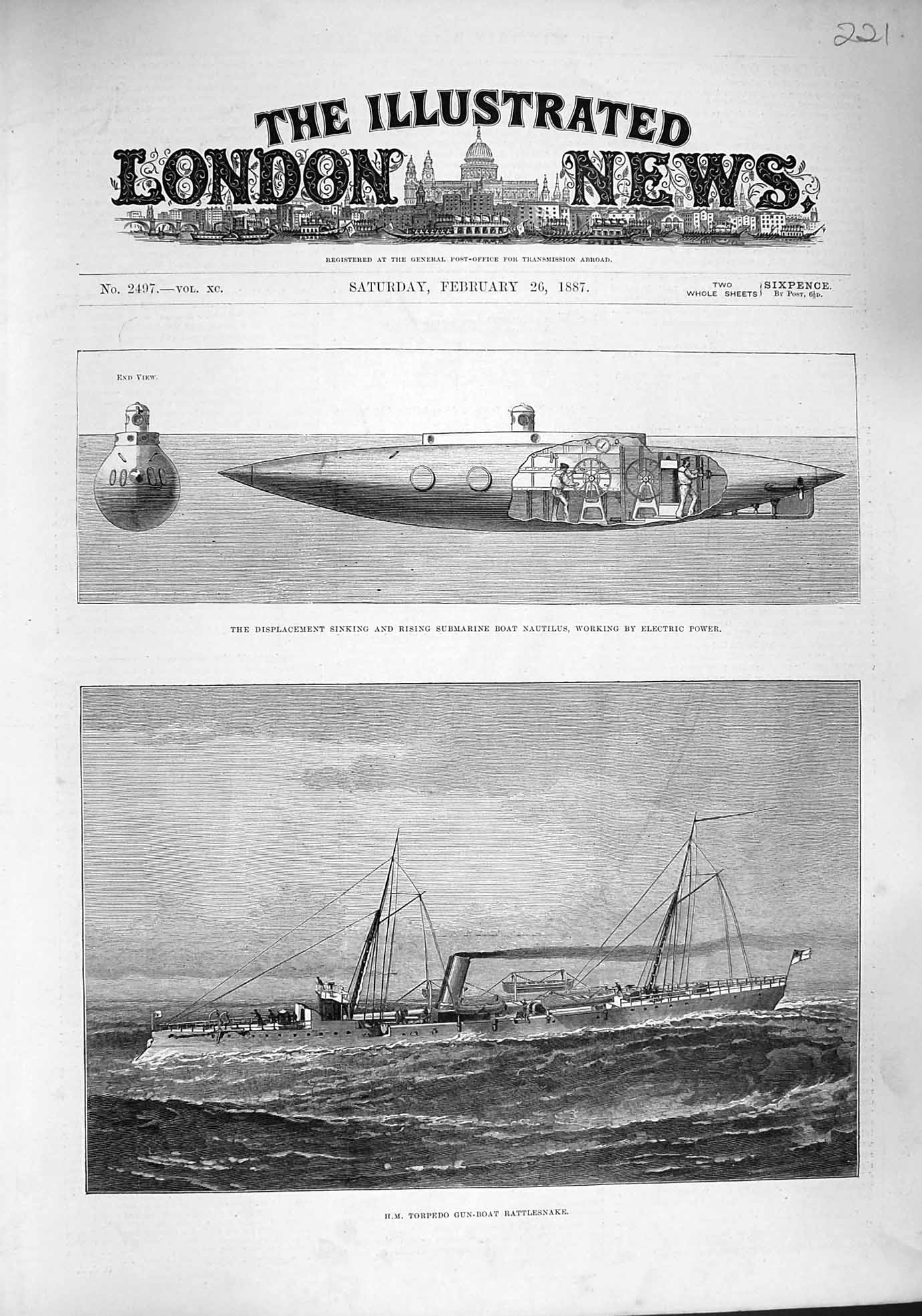 Old Antique Print 1887 Ship H.M. Torpedo Gun-Boat Rattlesnake Submarine 19th