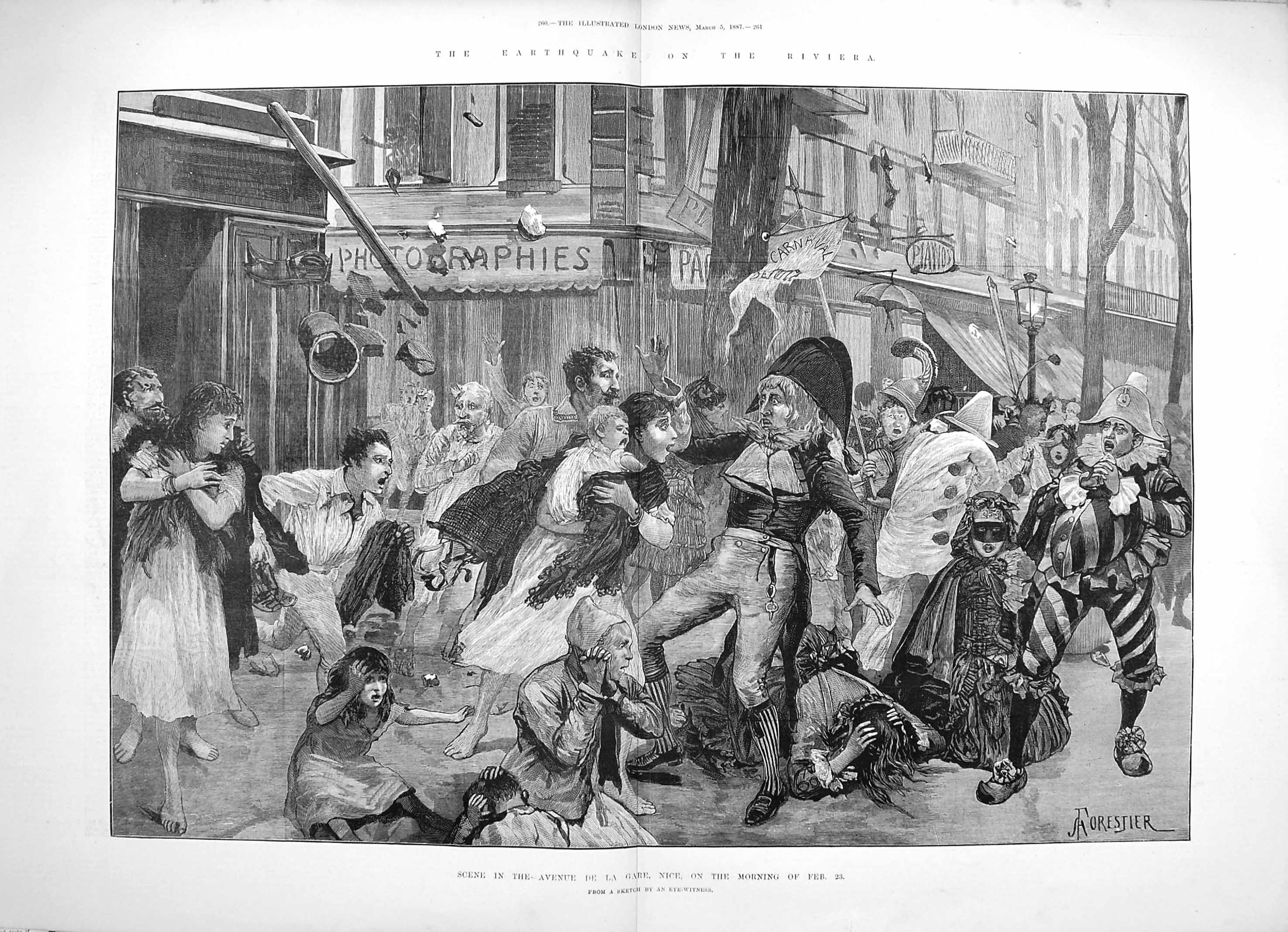 Original Old Antique Print 1887 Earthquake France Scene Avenue De La Gare Nice
